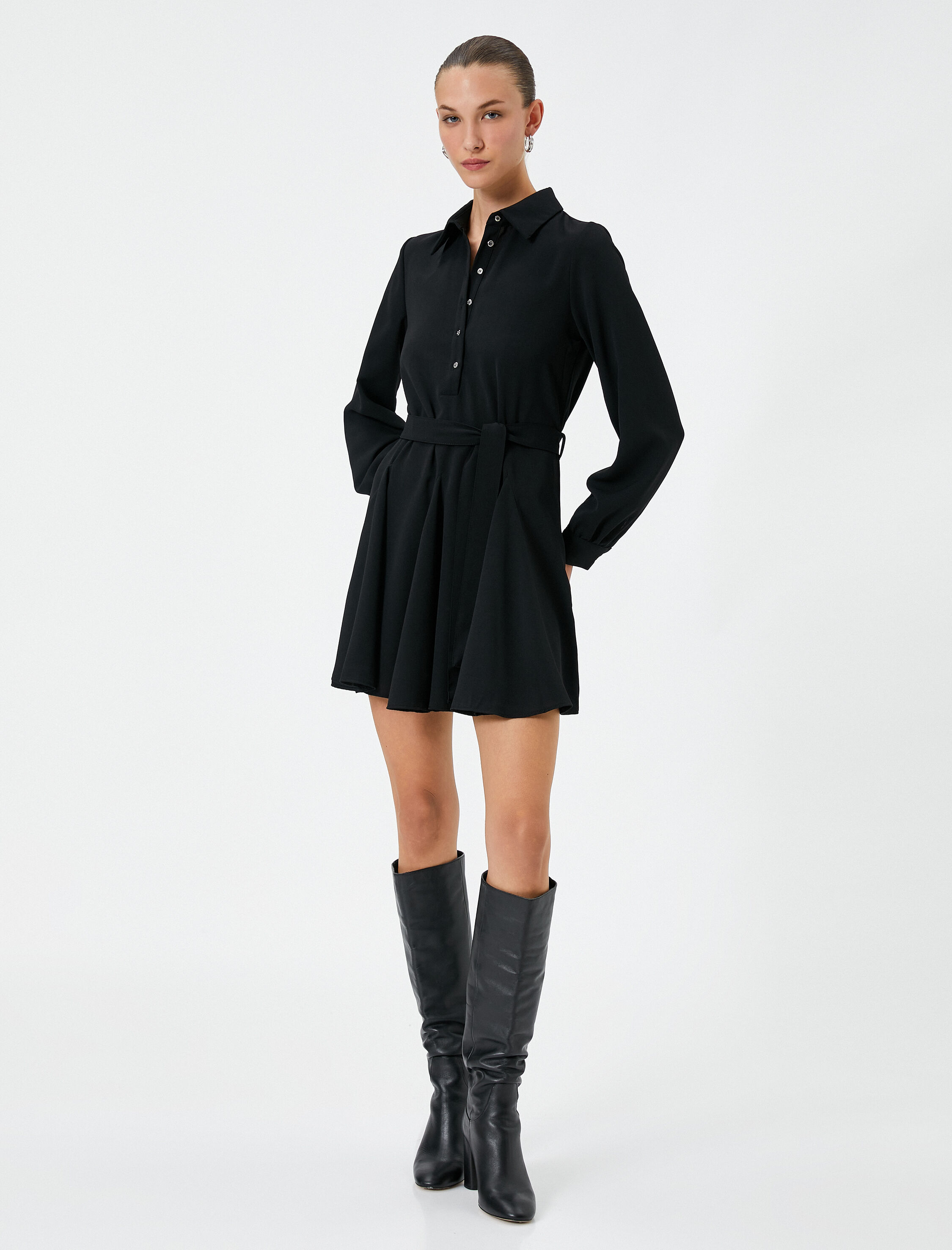   Mini Balon Kol Elbise Volanlı Beli Kuşaklı Düğmeli