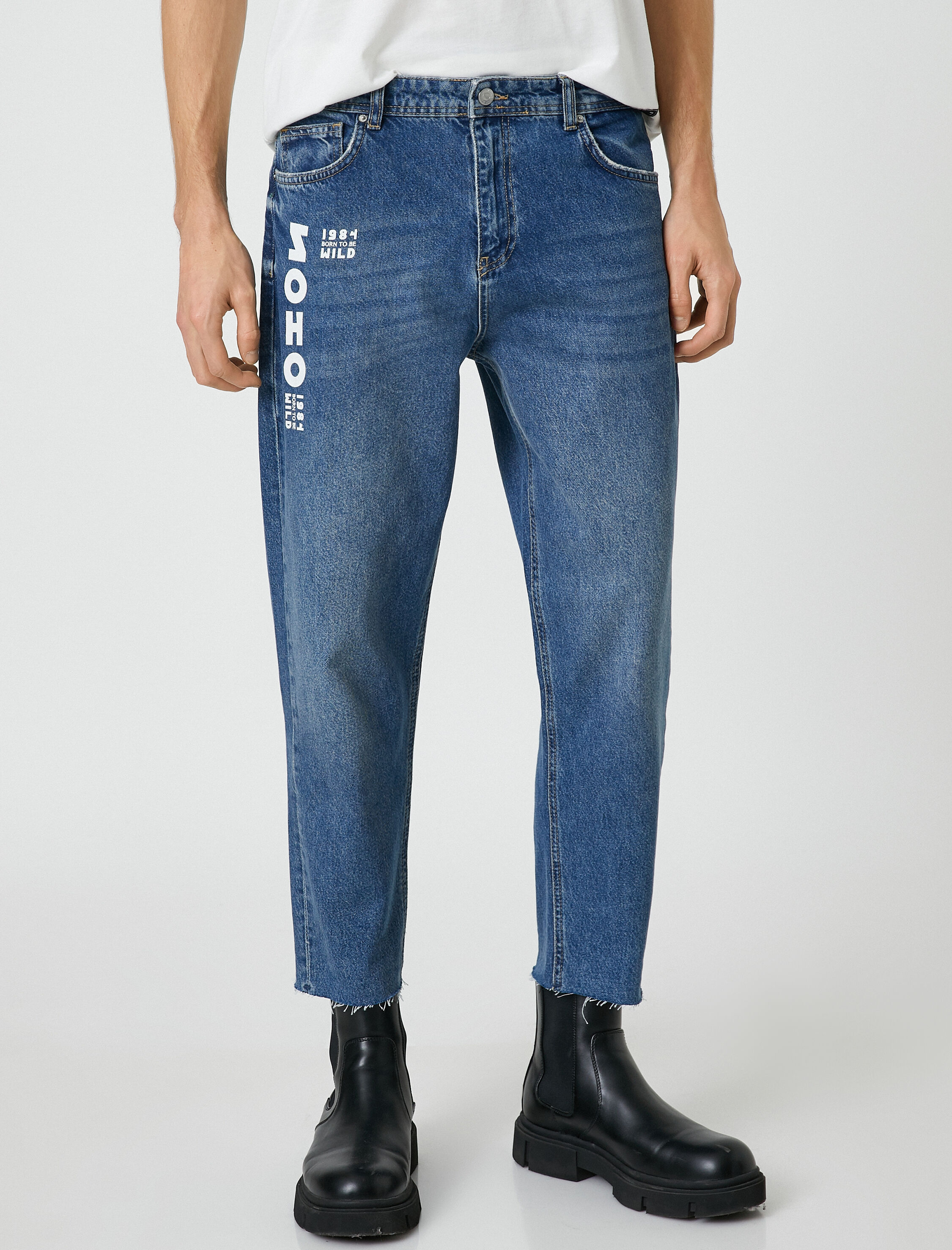 Loose Fit Kot Bol Pantolon Slogan Baskılı - Steve Jean