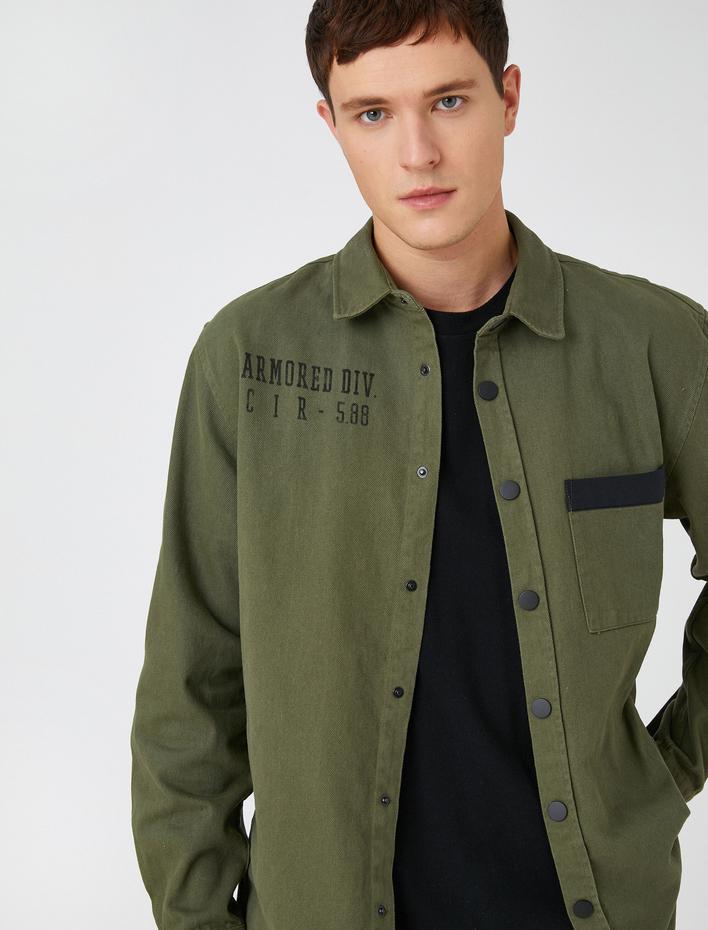  Yazı Baskılı Gömlek Ceket Çıtçıtlı Cep Detaylı Pamuklu