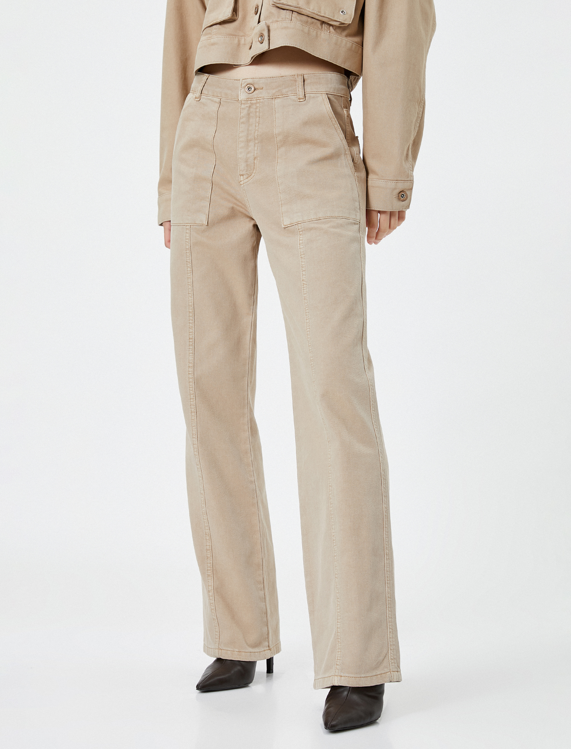   Düz Paça Kot Pantolon Normal Bel Cepli Pamuklu - Nora Jean