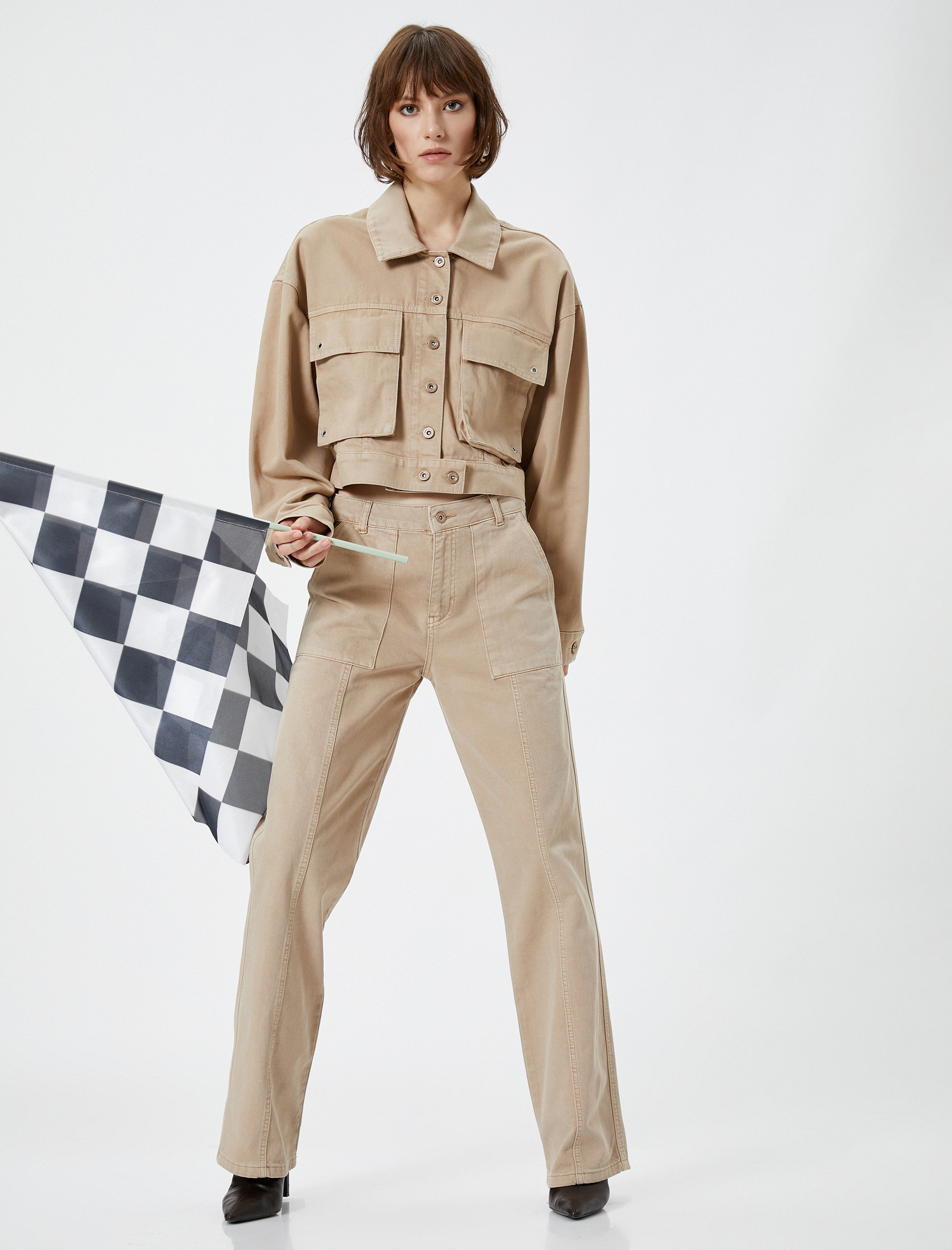   Düz Paça Kot Pantolon Normal Bel Cepli Pamuklu - Nora Jean