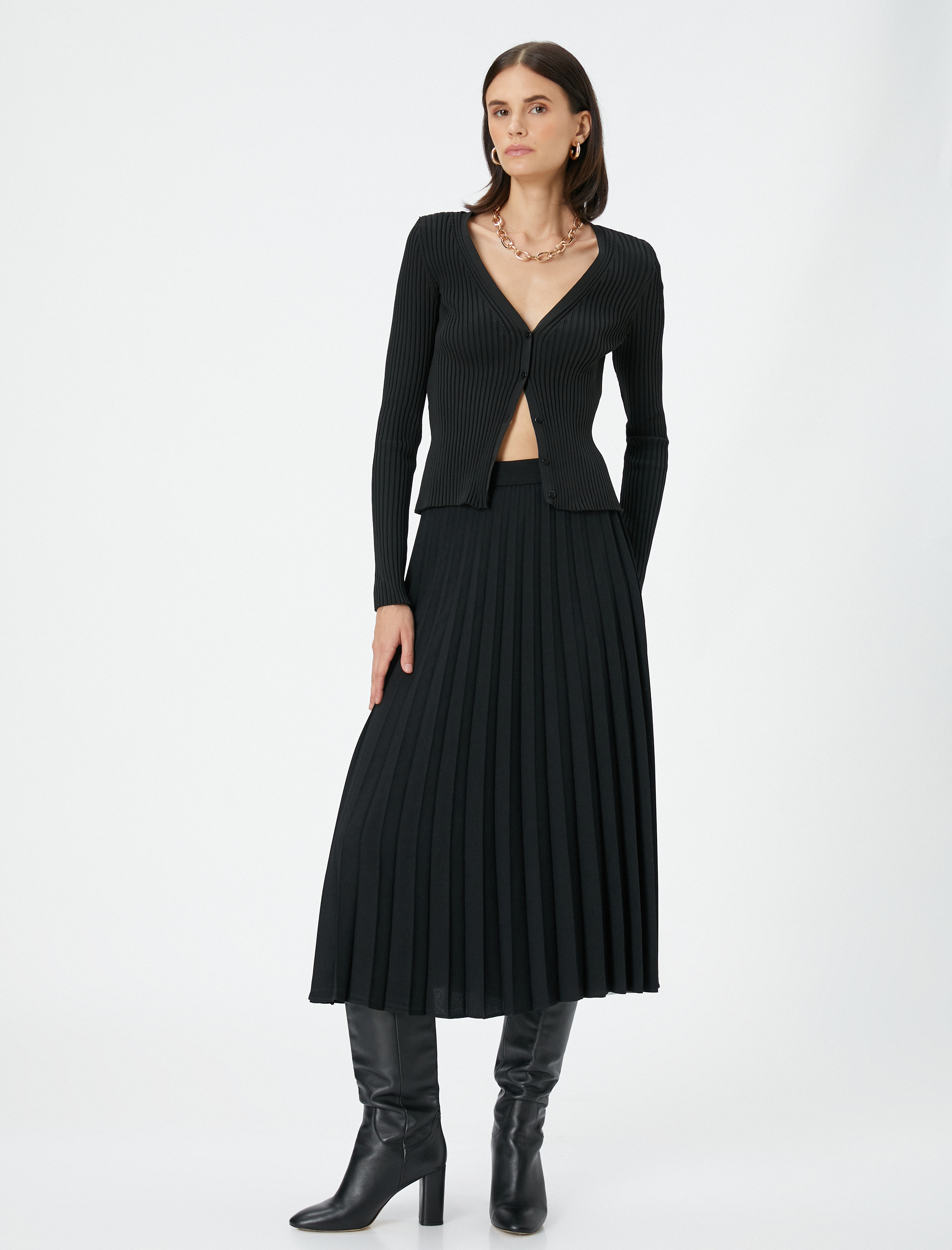   Midi Pileli Etek Normal Bel Fermuarlı