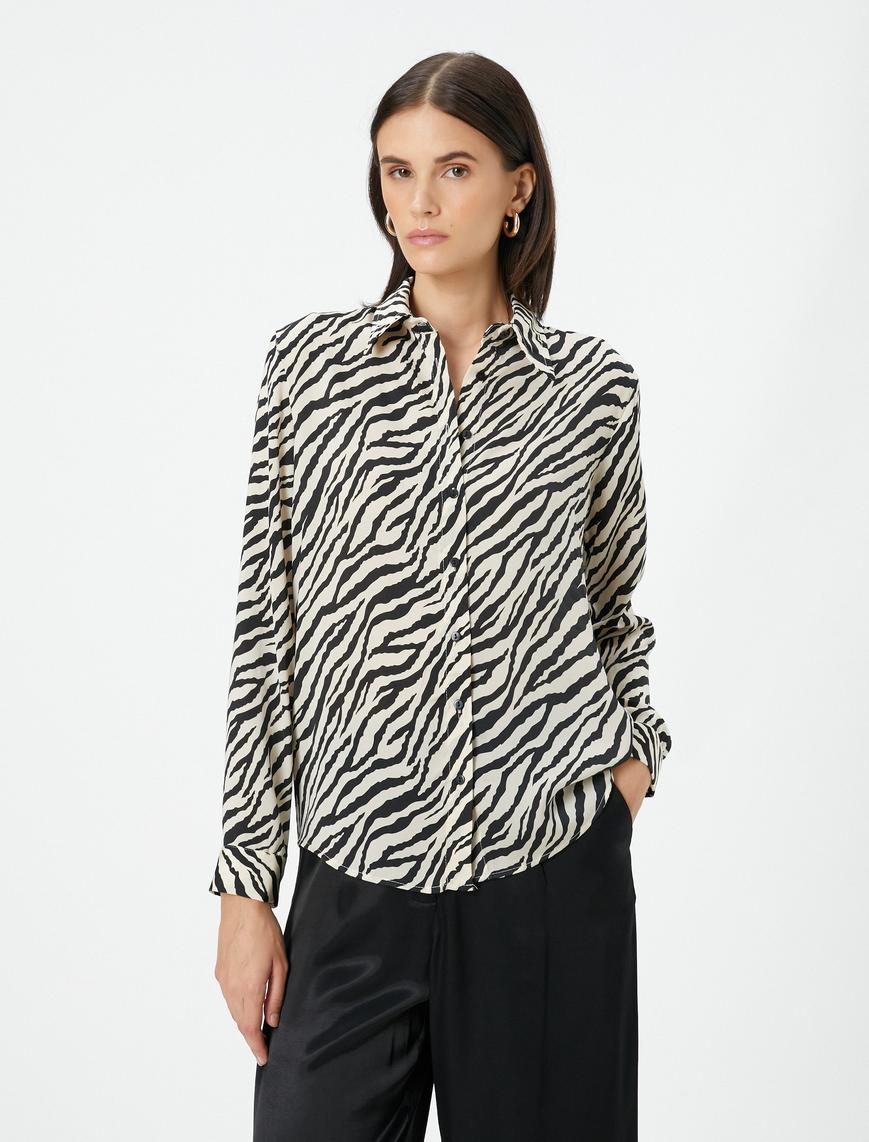   Zebra Desenli Gömlek Klasik Yaka Uzun Kollu