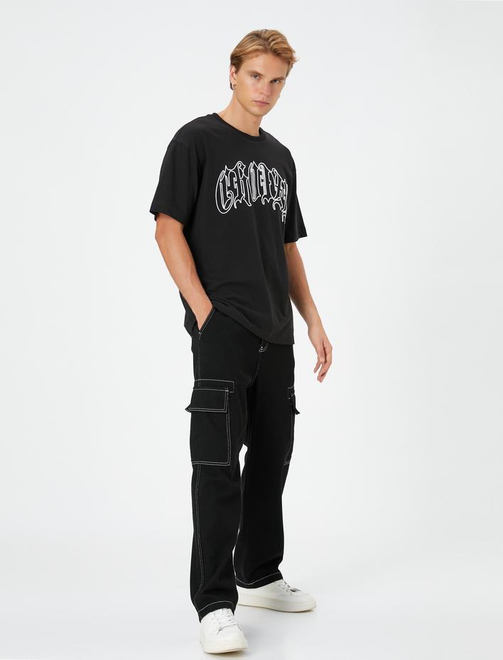  Grafiti İşlemeli Tişört Rahat Kesim Sloganlı Bisiklet Yaka Kısa Kollu