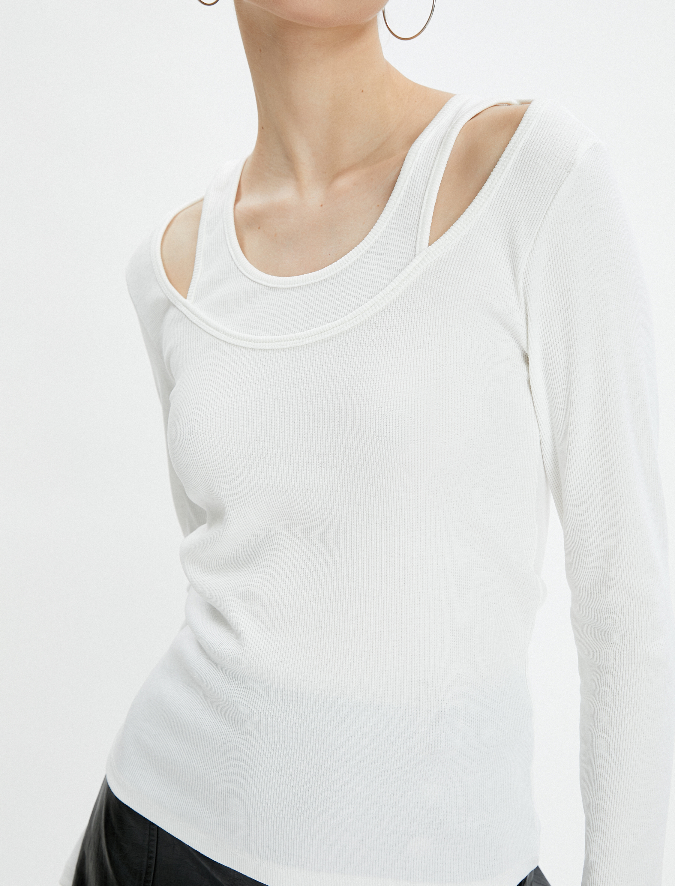   Uzun Kollu Tişört Fitilli Yuvarlak Çift Yaka