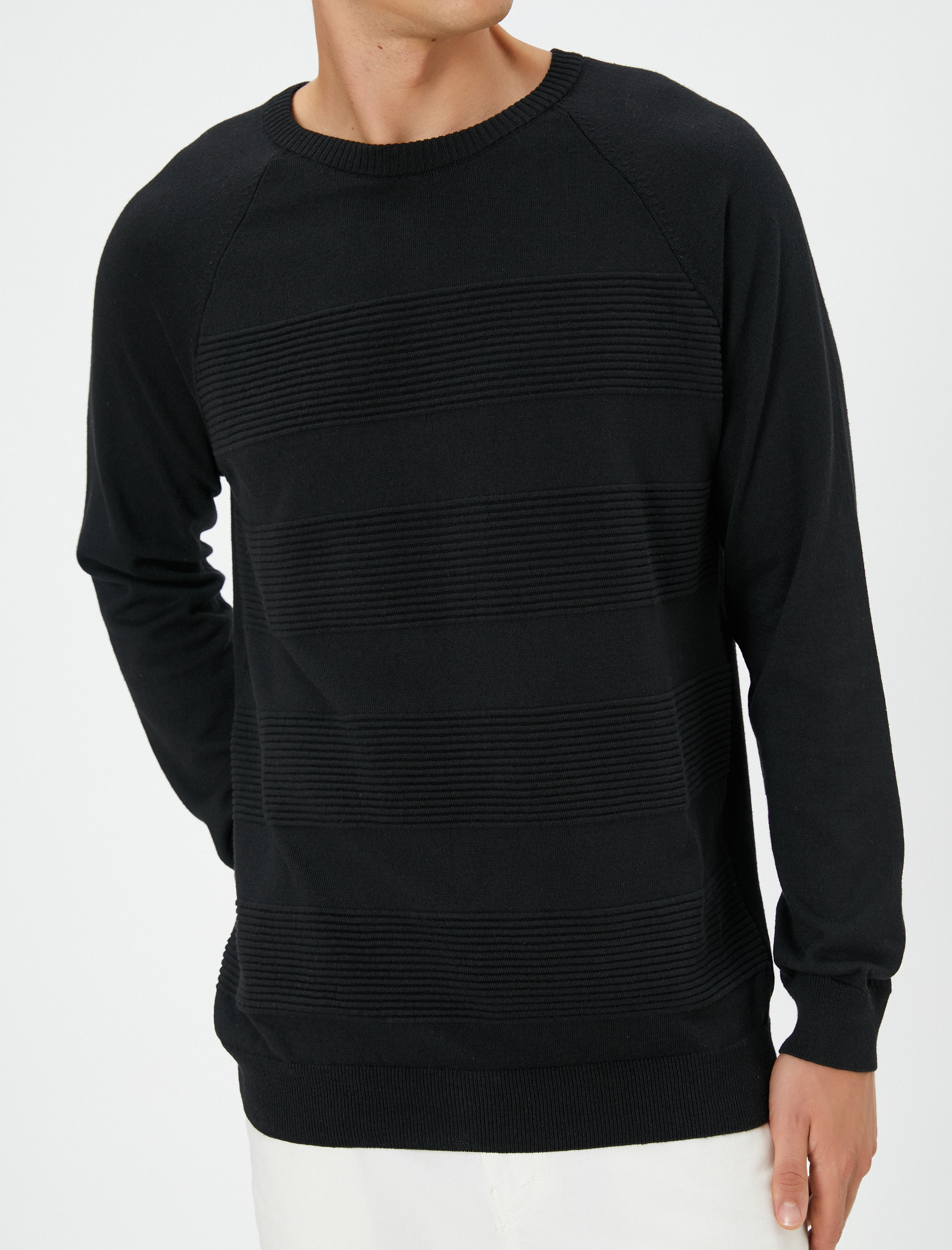   Triko Kazak Bisiklet Yaka Dokulu Slim Fit Reglan Kollu