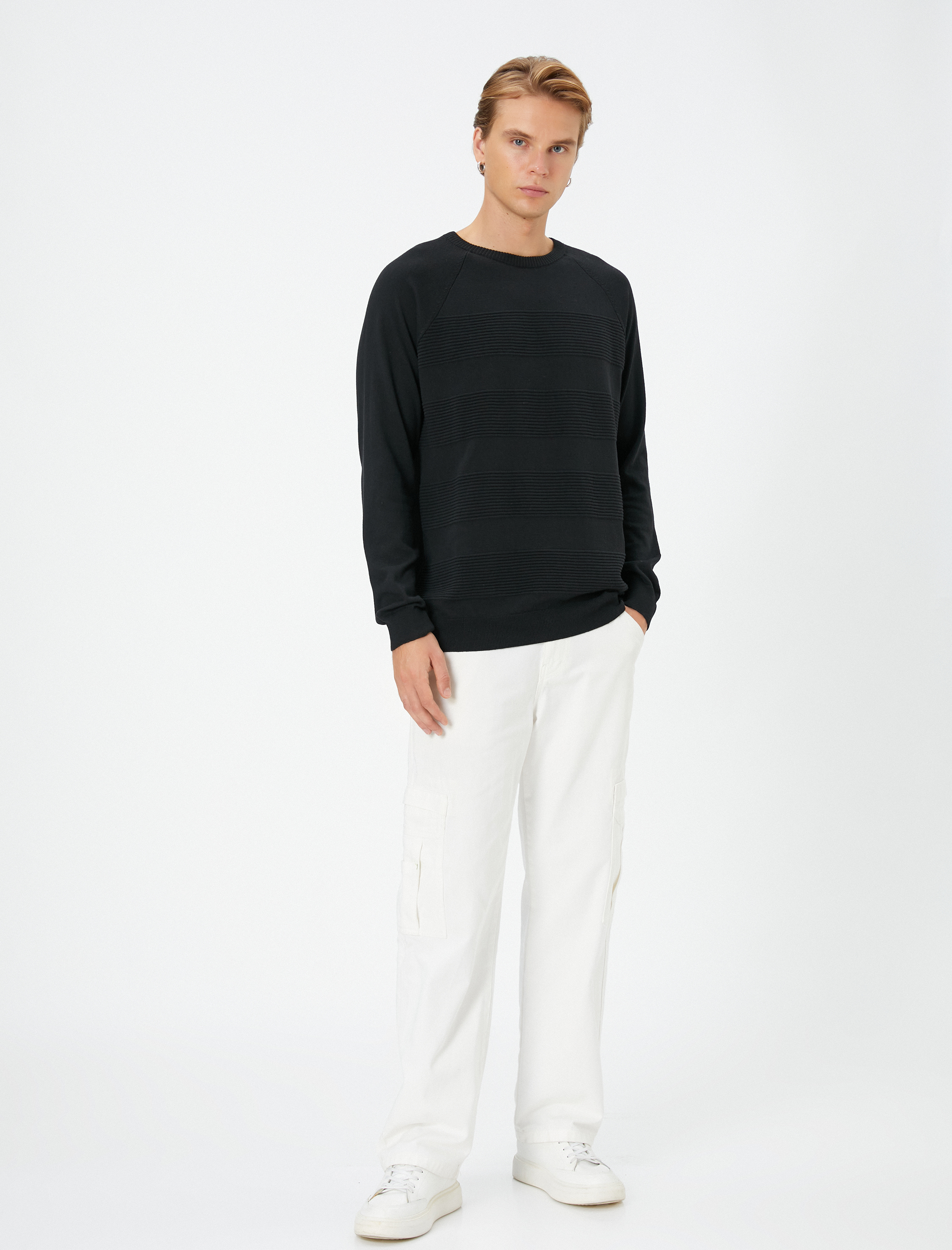   Triko Kazak Bisiklet Yaka Dokulu Slim Fit Reglan Kollu