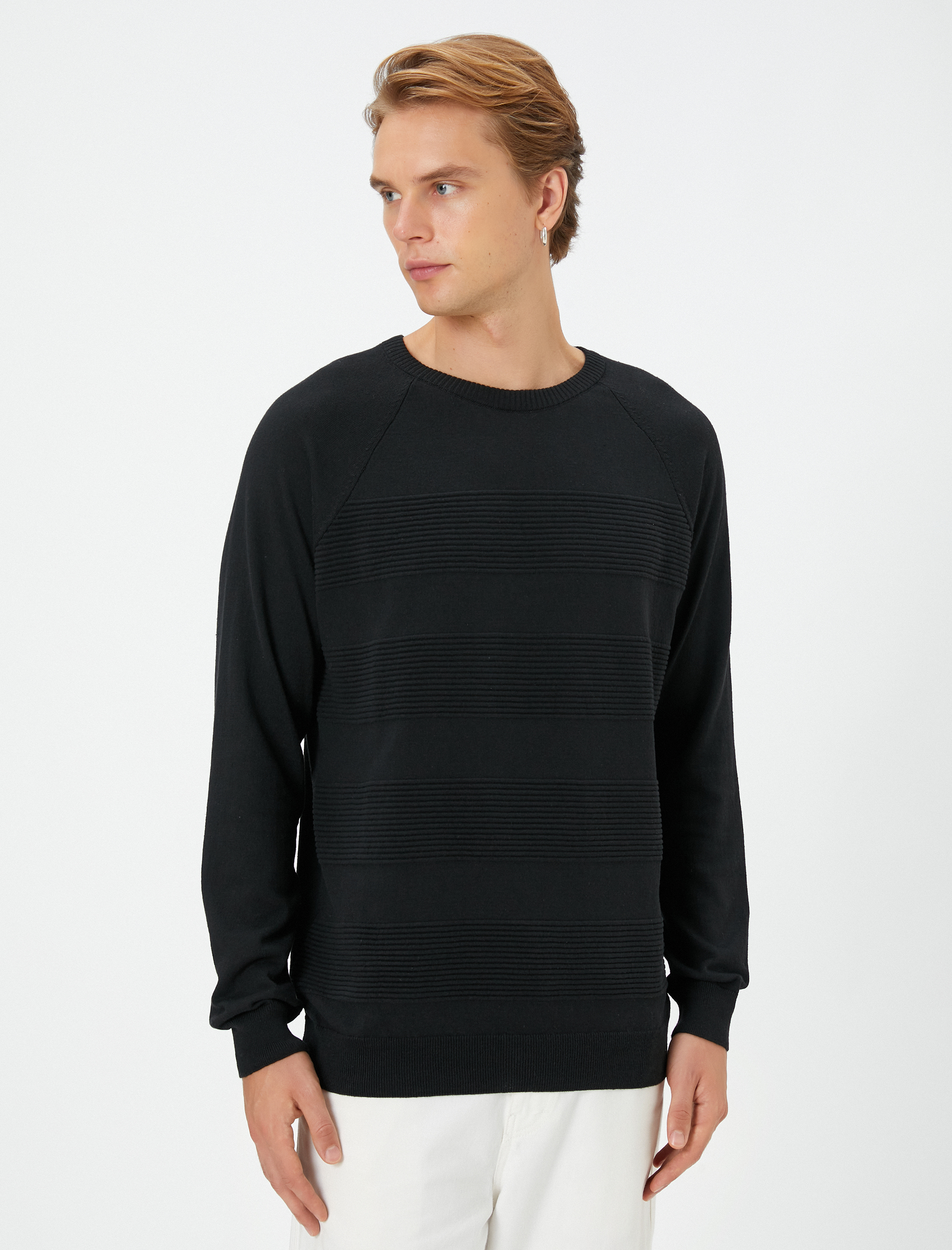   Triko Kazak Bisiklet Yaka Dokulu Slim Fit Reglan Kollu