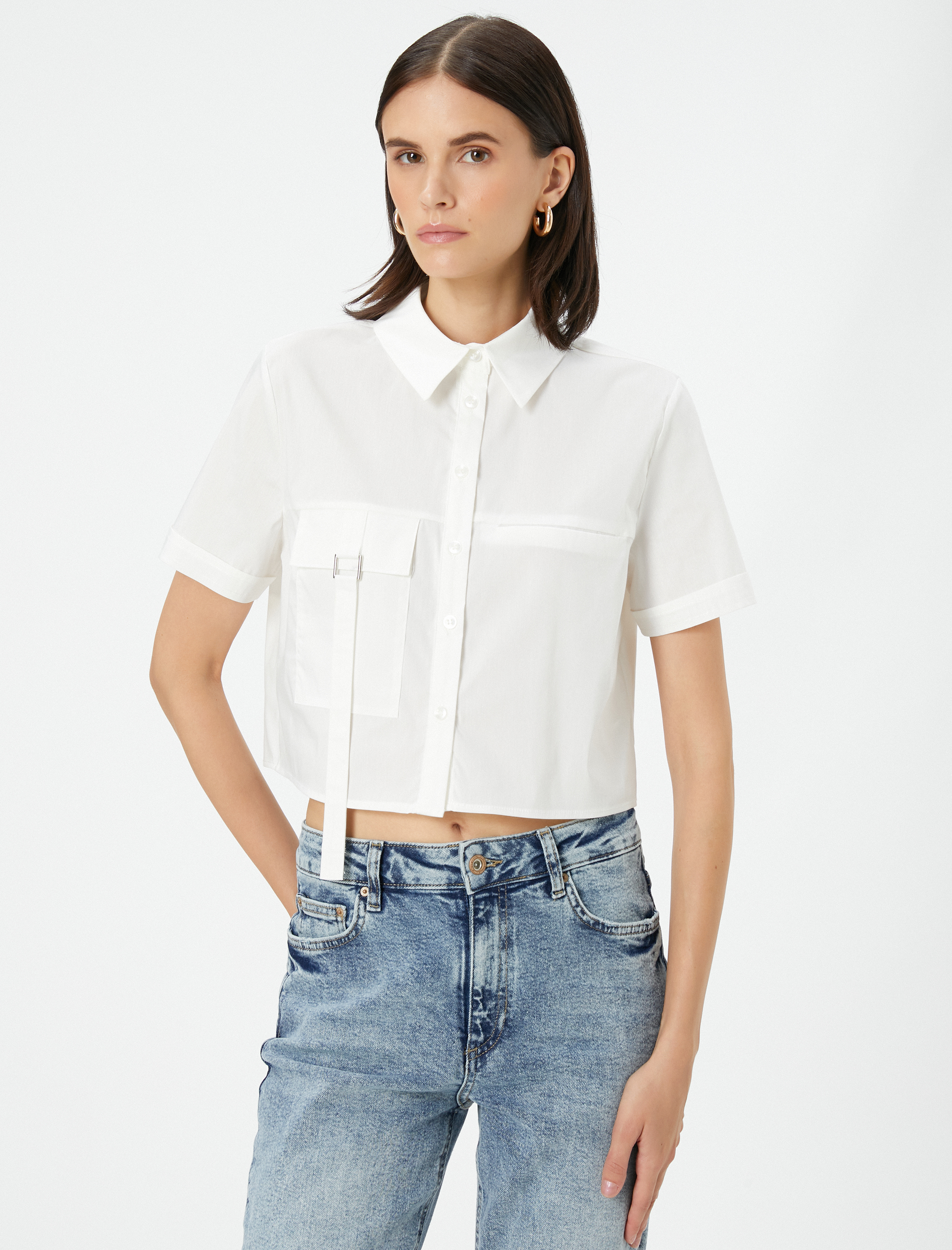   Crop Gömlek Kısa Kollu Kargo Cepli Düğmeli Pamuklu