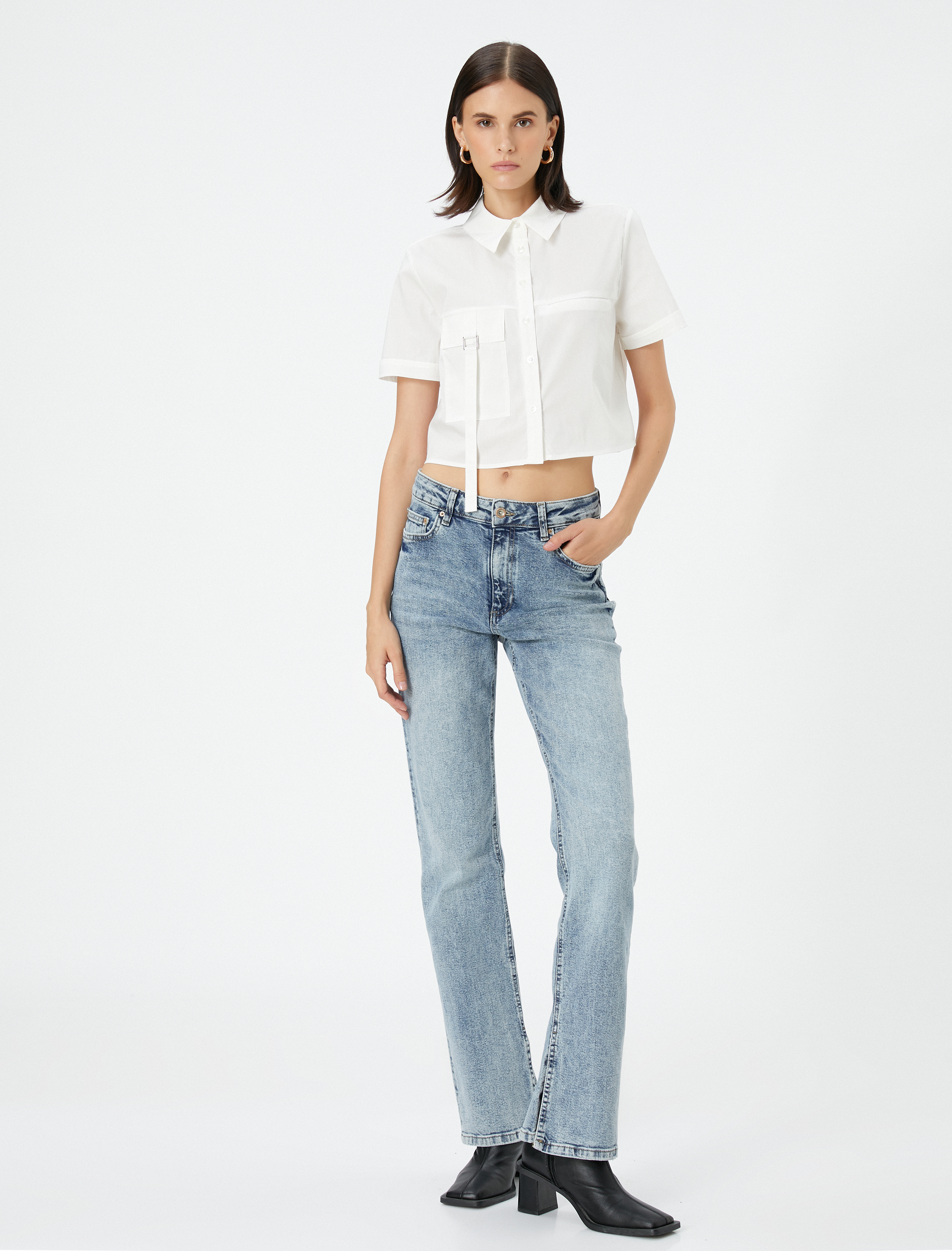   Crop Gömlek Kısa Kollu Kargo Cepli Düğmeli Pamuklu