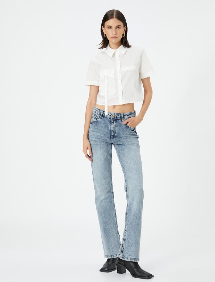  Crop Gömlek Kısa Kollu Kargo Cepli Düğmeli Pamuklu