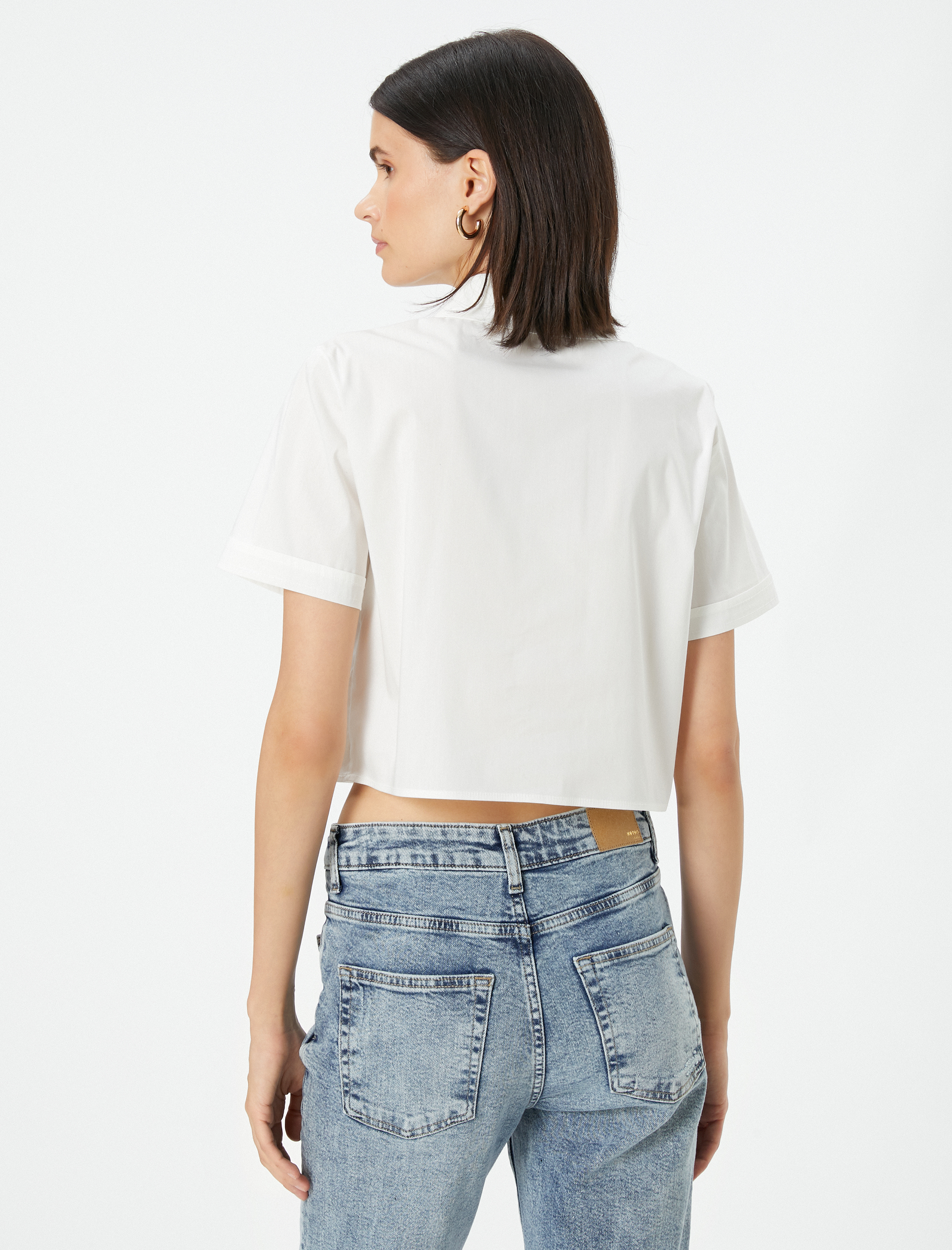   Crop Gömlek Kısa Kollu Kargo Cepli Düğmeli Pamuklu