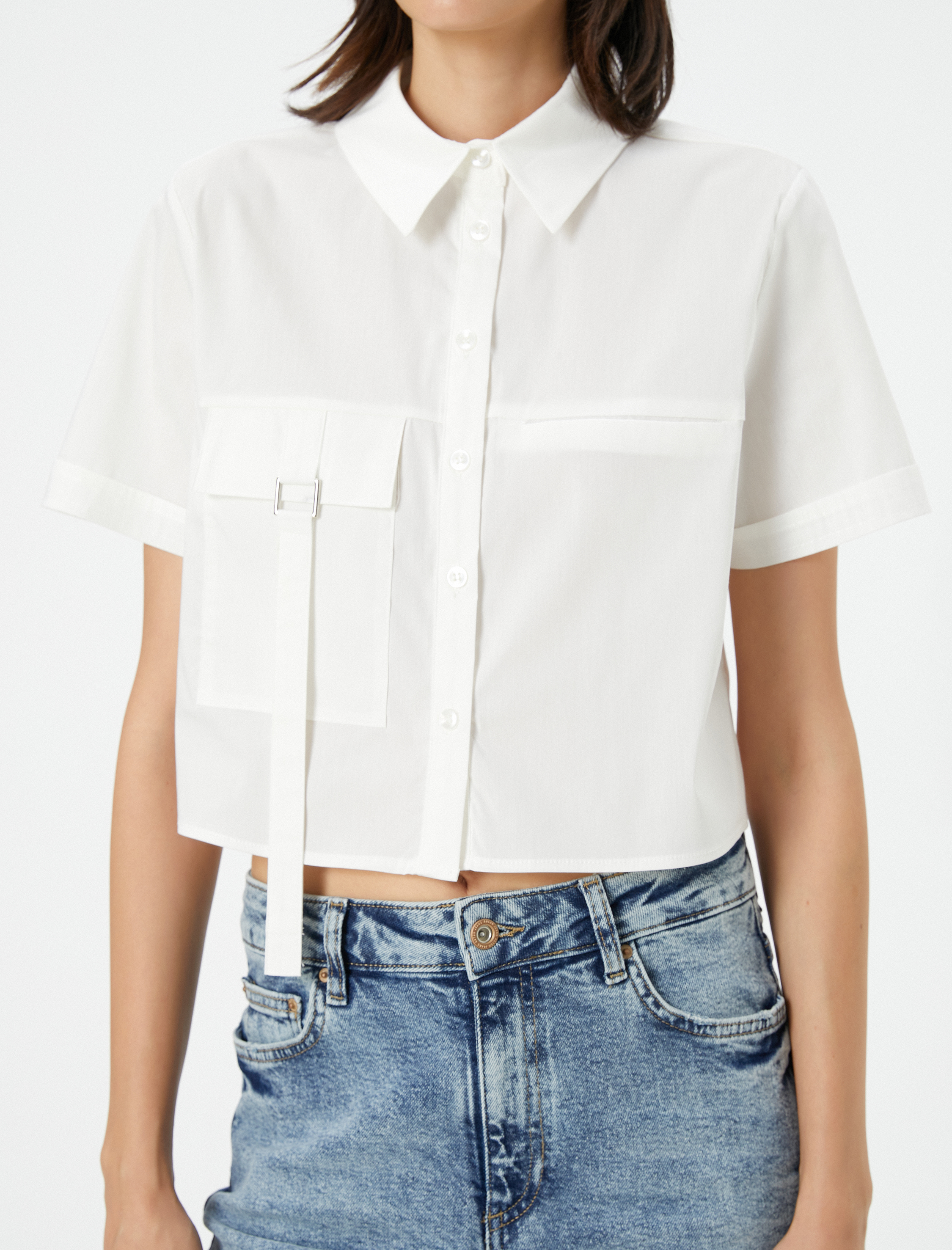   Crop Gömlek Kısa Kollu Kargo Cepli Düğmeli Pamuklu