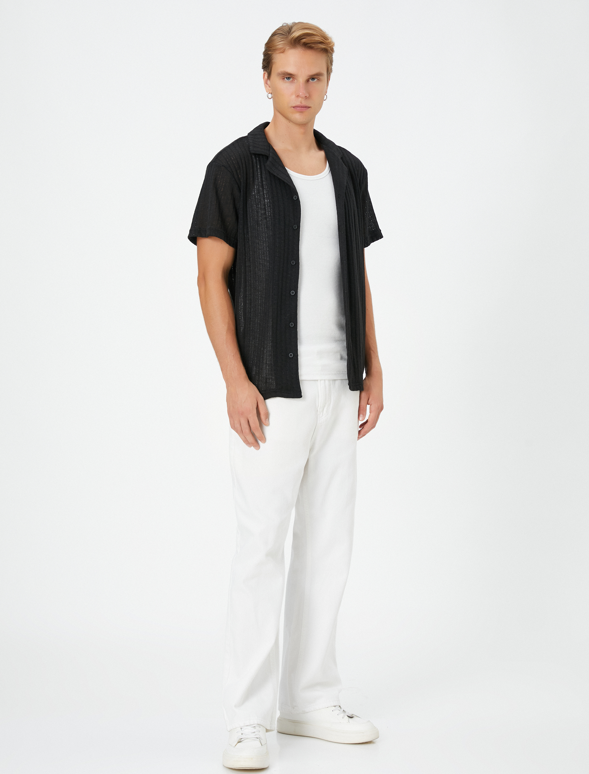   Oversize Gömlek Kısa Kollu Devrik Yaka Dokulu Kısa Kollu