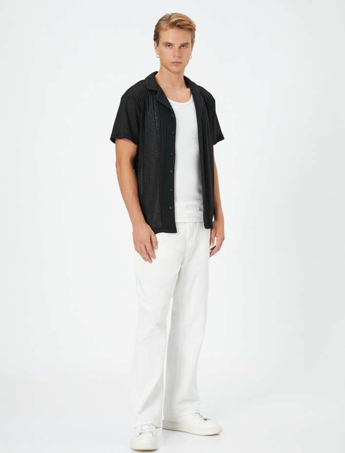  Oversize Gömlek Kısa Kollu Devrik Yaka Dokulu Kısa Kollu