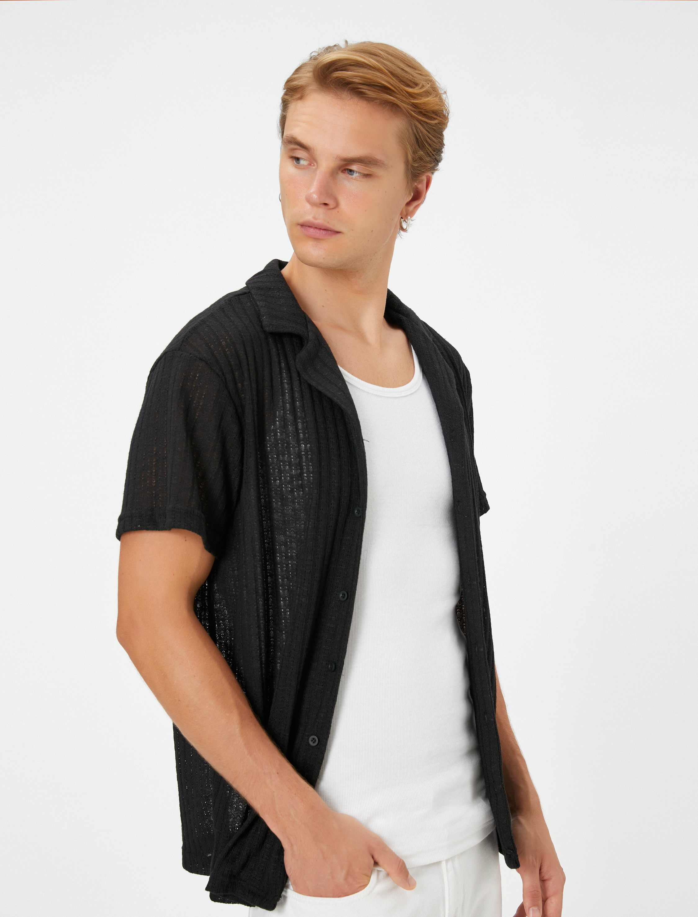   Oversize Gömlek Kısa Kollu Devrik Yaka Dokulu Kısa Kollu