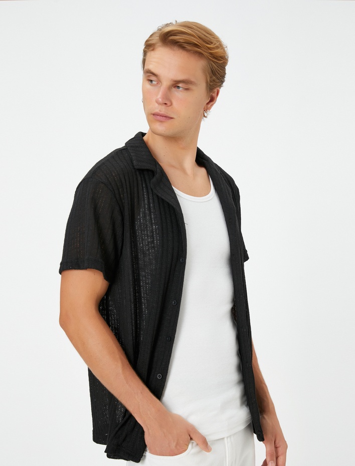  Oversize Gömlek Kısa Kollu Devrik Yaka Dokulu Kısa Kollu