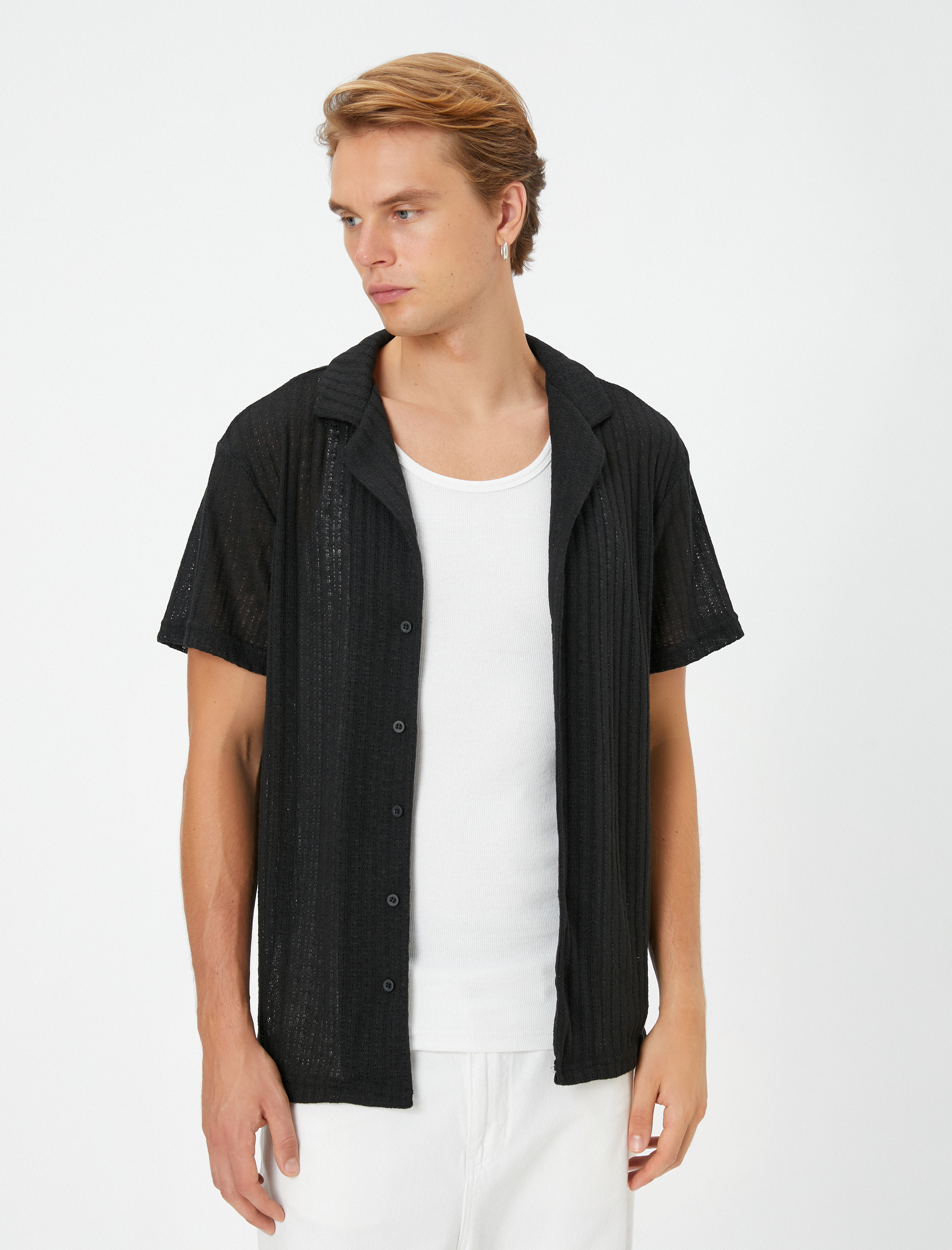   Oversize Gömlek Kısa Kollu Devrik Yaka Dokulu Kısa Kollu