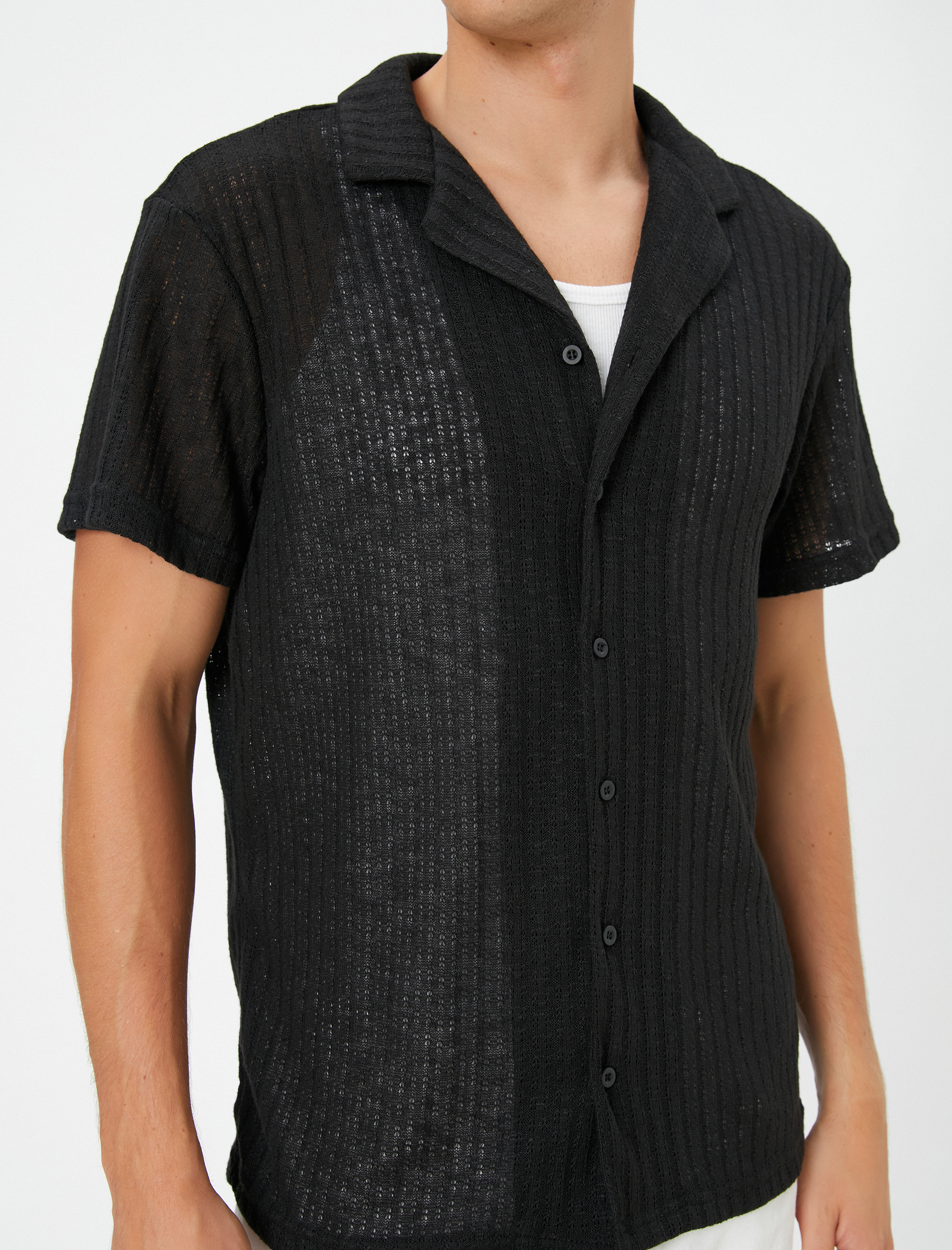   Oversize Gömlek Kısa Kollu Devrik Yaka Dokulu Kısa Kollu