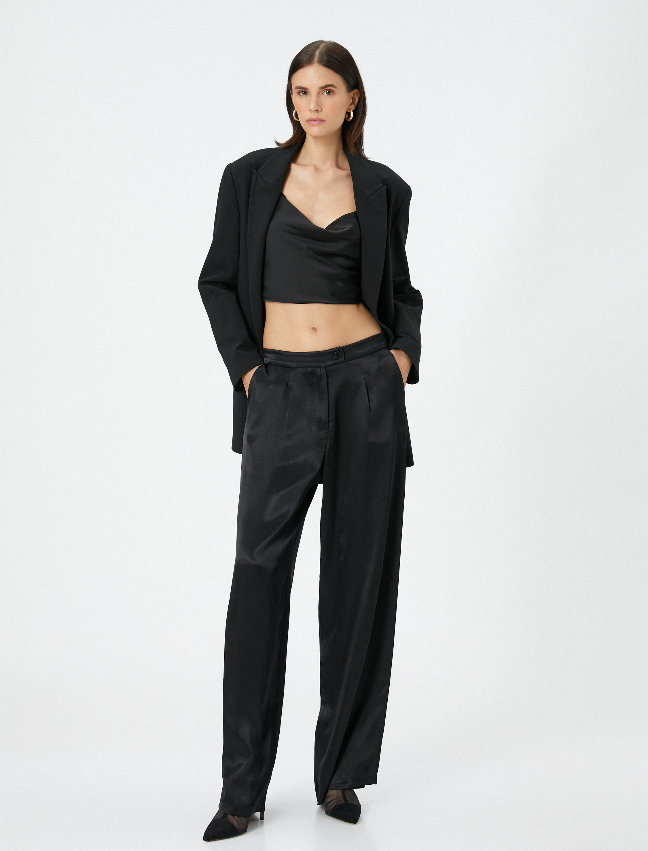   Bol Paça Pantolon Cepli Normal Bel Parlak Pile Detaylı Viskon