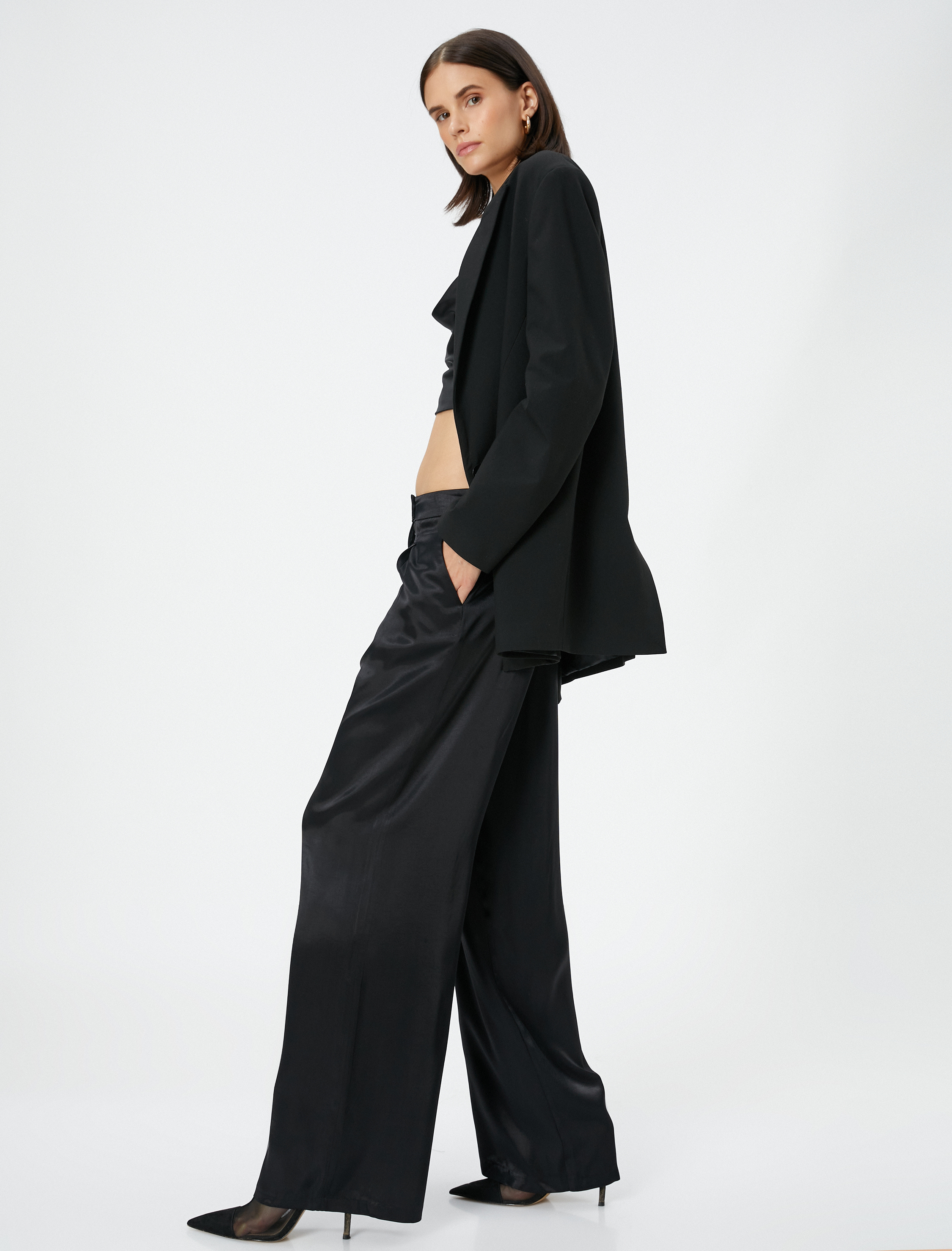   Bol Paça Pantolon Cepli Normal Bel Parlak Pile Detaylı Viskon