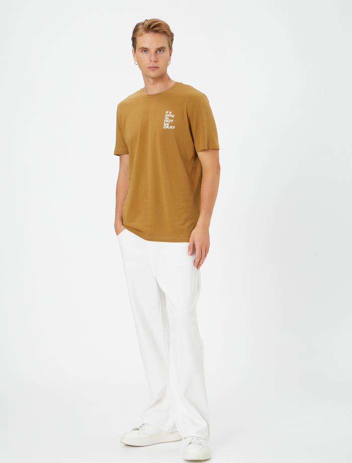  Slogan Baskılı Tişört Bisiklet Yaka Kısa Kollu Pamuklu