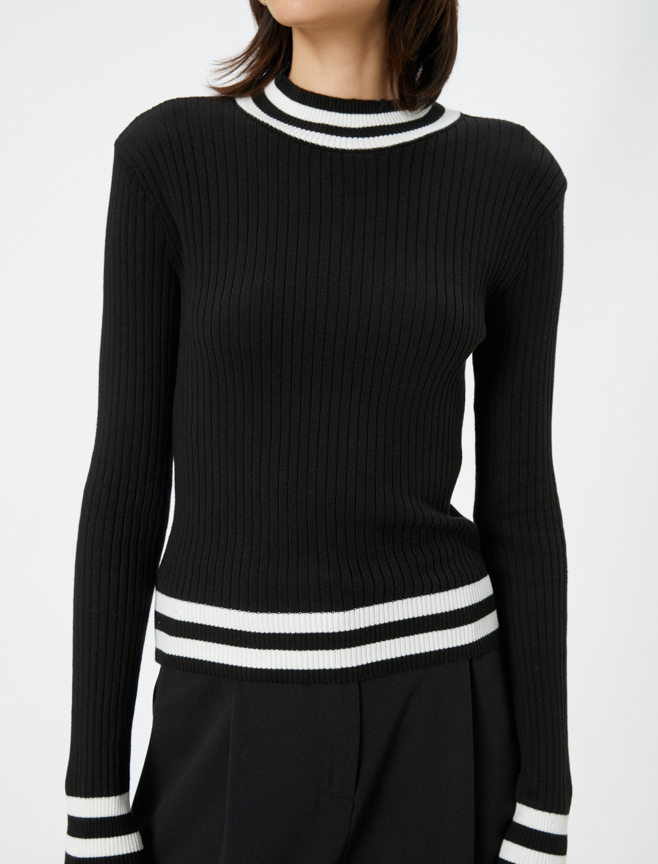   Triko Kazak Fitilli Bisiklet Yaka Uzun Kollu Çizgi Detaylı