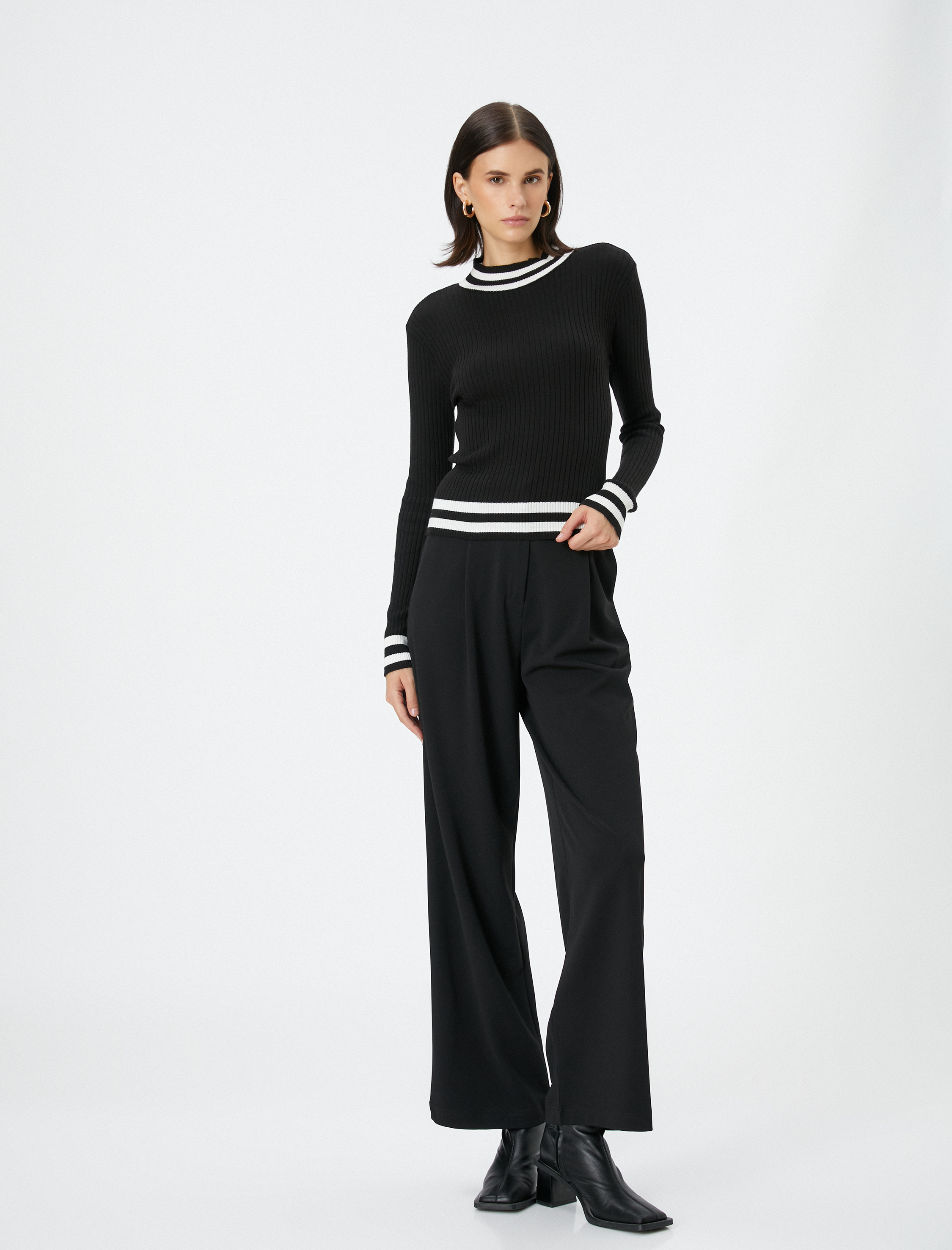   Triko Kazak Fitilli Bisiklet Yaka Uzun Kollu Çizgi Detaylı