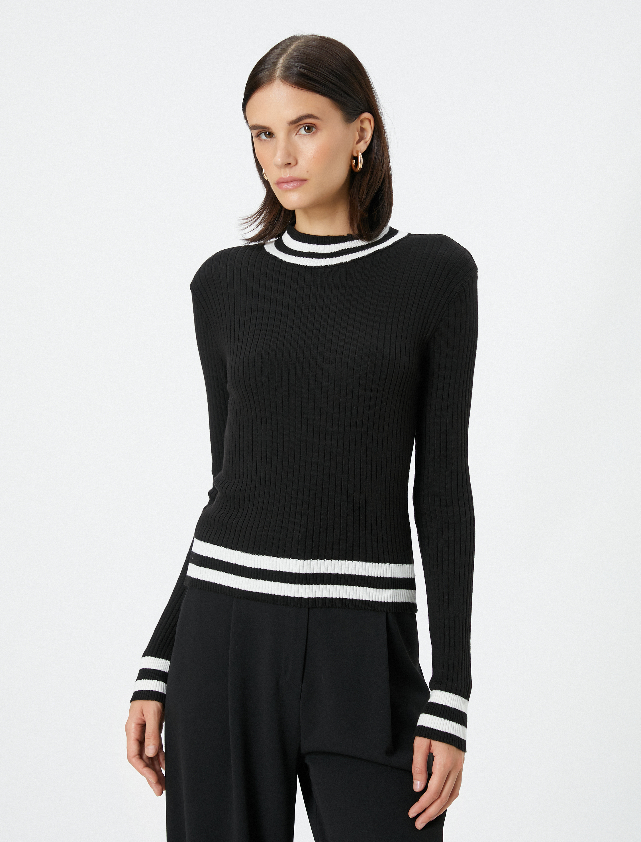   Triko Kazak Fitilli Bisiklet Yaka Uzun Kollu Çizgi Detaylı