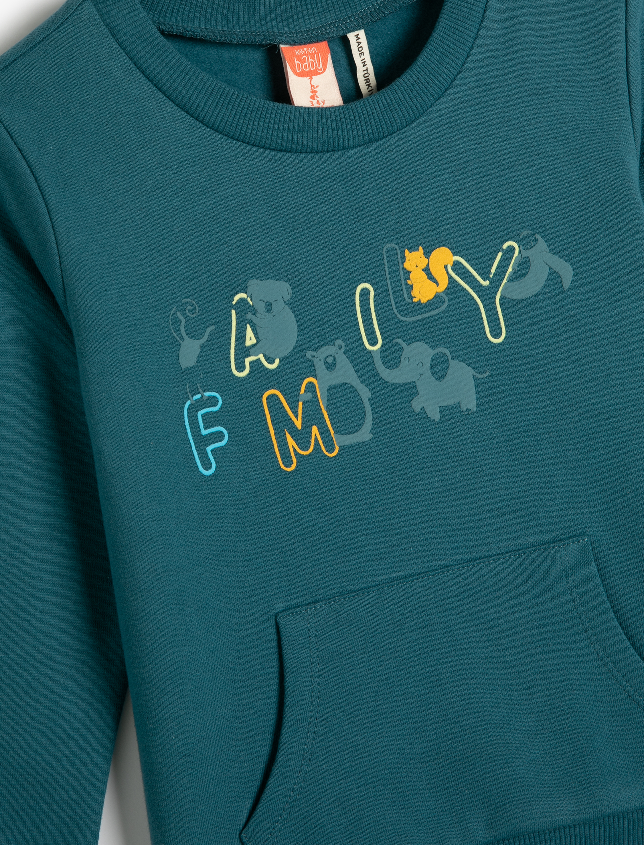  Erkek Bebek Sweatshirt Baskılı Uzun Kollu Bisiklet Yaka Kanguru Cepli Şardonlu Pamuklu