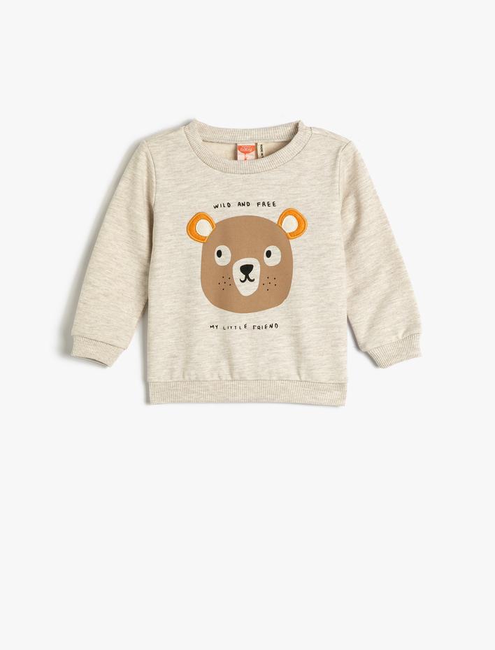 Erkek Bebek Sweatshirt Ayıcık Baskılı Uzun Kollu Bisiklet Yaka Şardonlu
