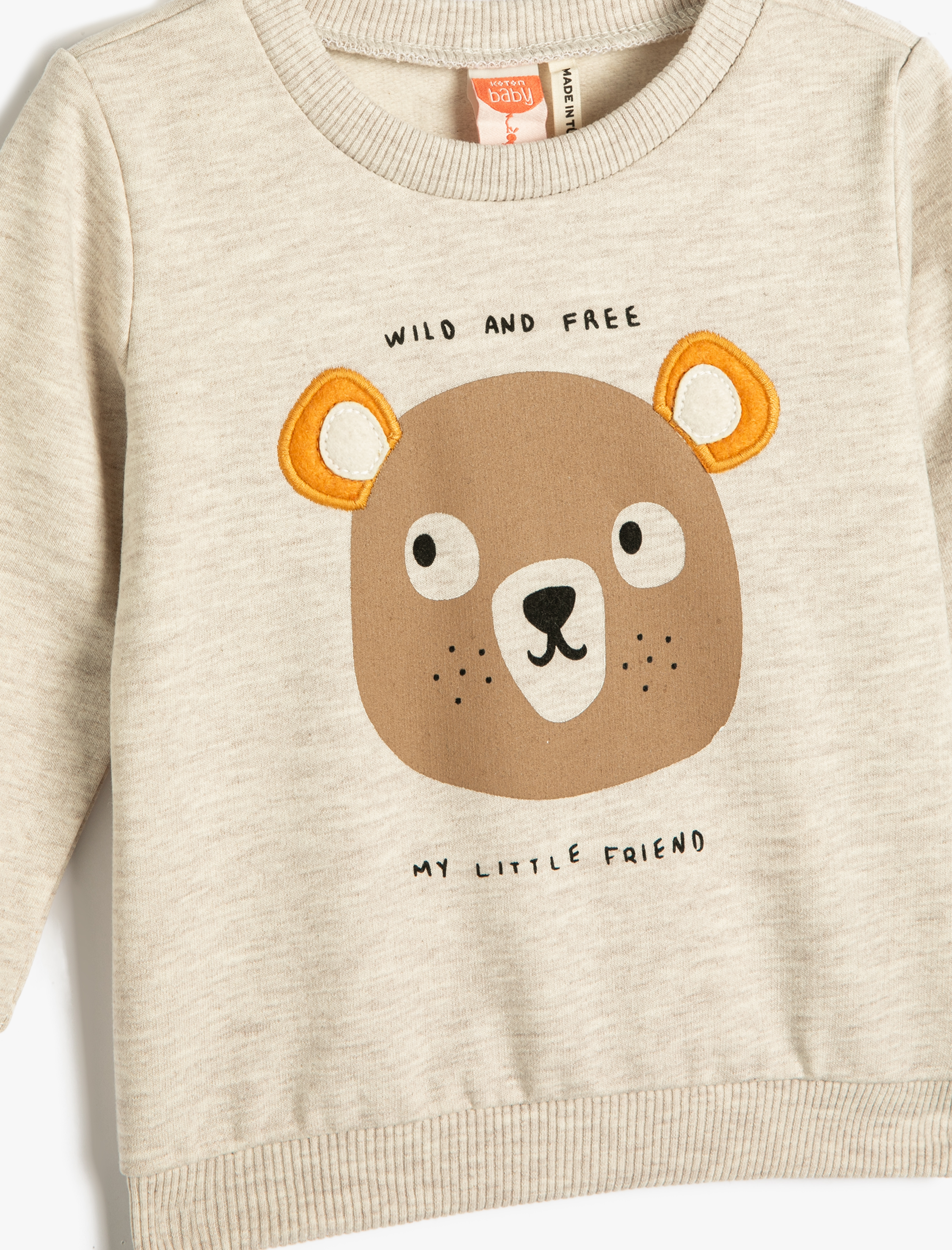  Erkek Bebek Sweatshirt Ayıcık Baskılı Uzun Kollu Bisiklet Yaka Şardonlu