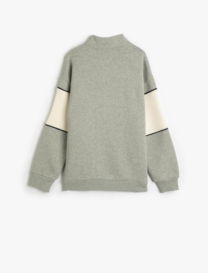 Erkek Çocuk Sweatshirt Dik Yaka Yarım Fermuarlı Baskılı Renk Bloklu Şardonlu