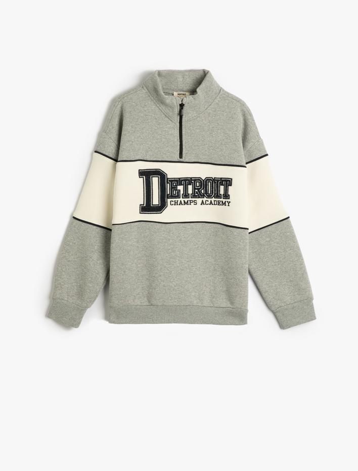Erkek Çocuk Sweatshirt Dik Yaka Yarım Fermuarlı Baskılı Renk Bloklu Şardonlu