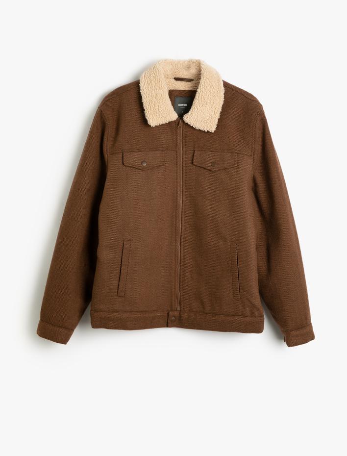  Klasik Yaka Ceket İçi Peluş Fermuarlı Kapaklı Cepli