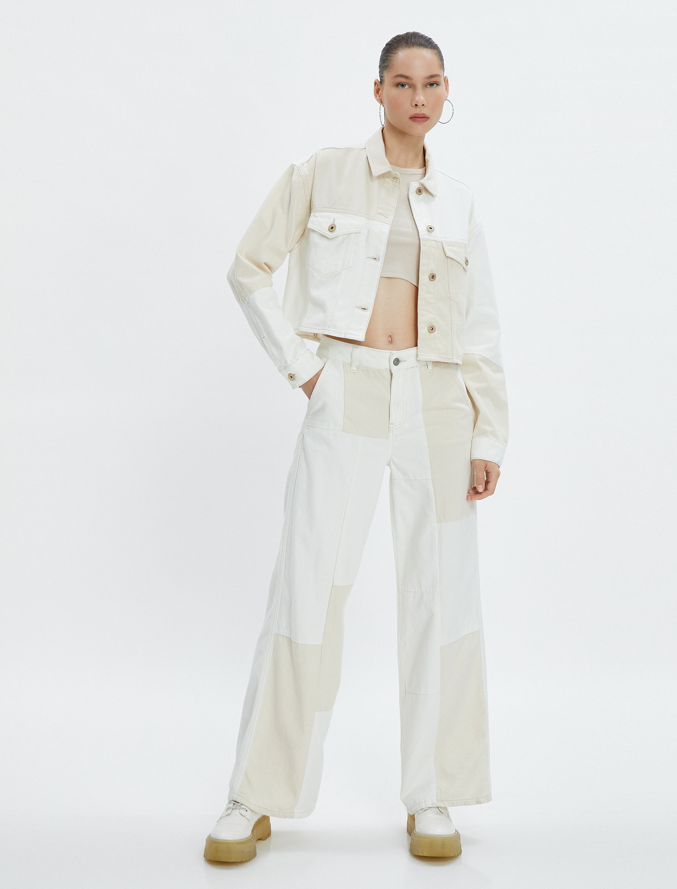   Kot Ceket Rahat Kesim Renk Bloklu Klasik Gömlek Yaka Kapaklı Cepli Pamuklu