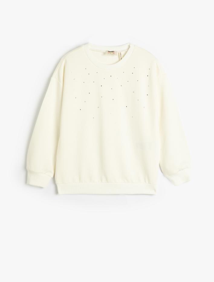 Kız Çocuk Sweatshirt Uzun Kollu Bisiklet Yaka Pul Detaylı Pamuklu Şardonlu