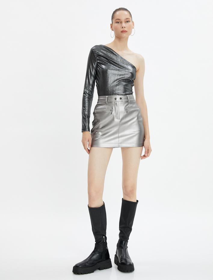  Parlak Tek Omuz Bluz Drape Detaylı Uzun Kollu