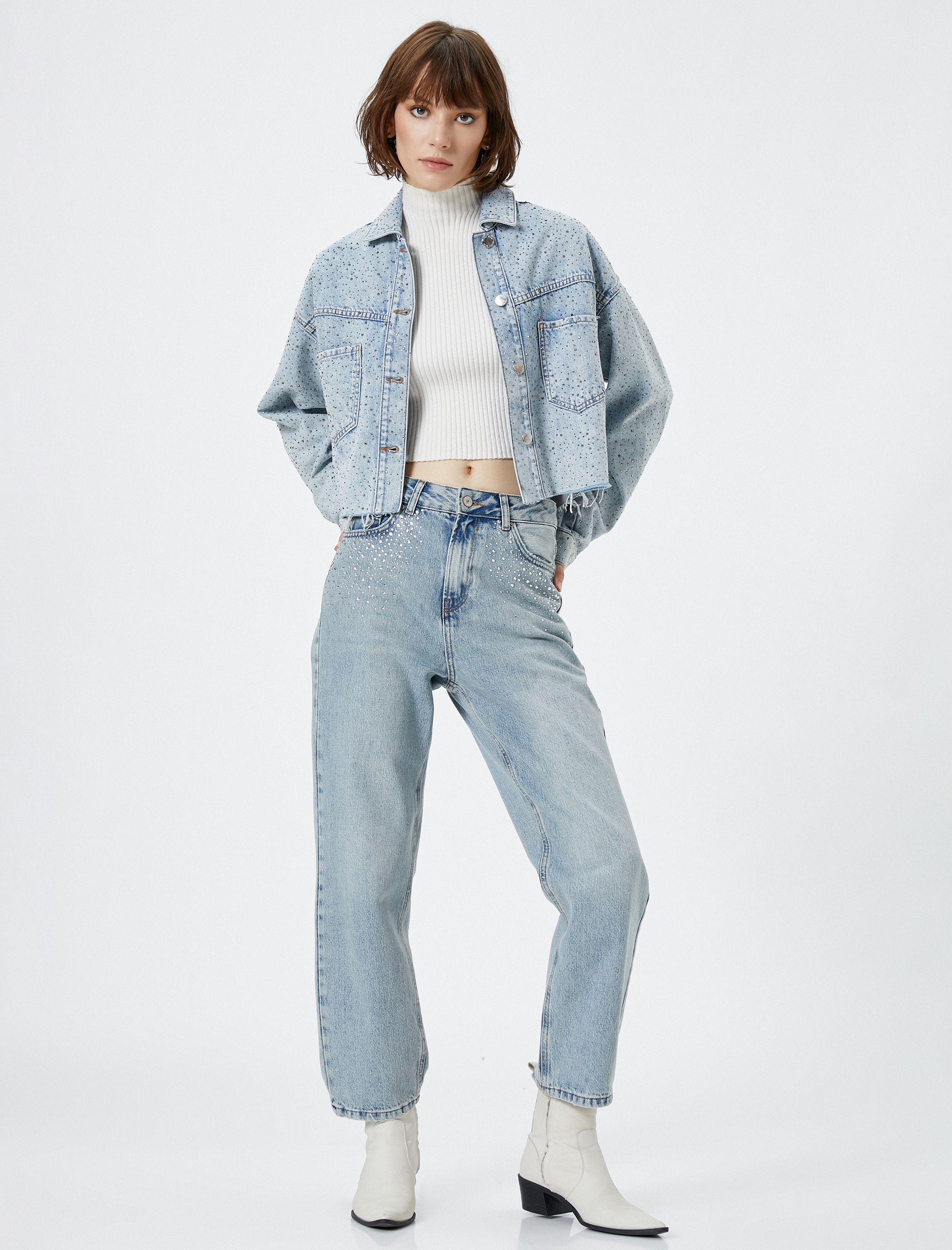   Crop Taşlı Kot Ceket Klasik Gömlek Yaka Cepli Pamuklu