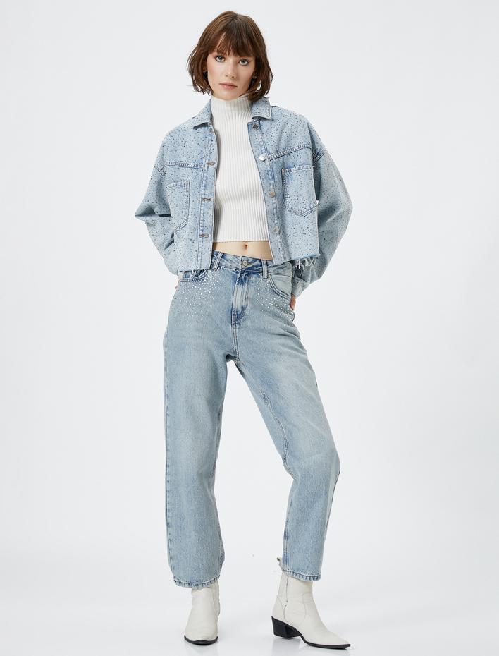  Crop Taşlı Kot Ceket Klasik Gömlek Yaka Cepli Pamuklu