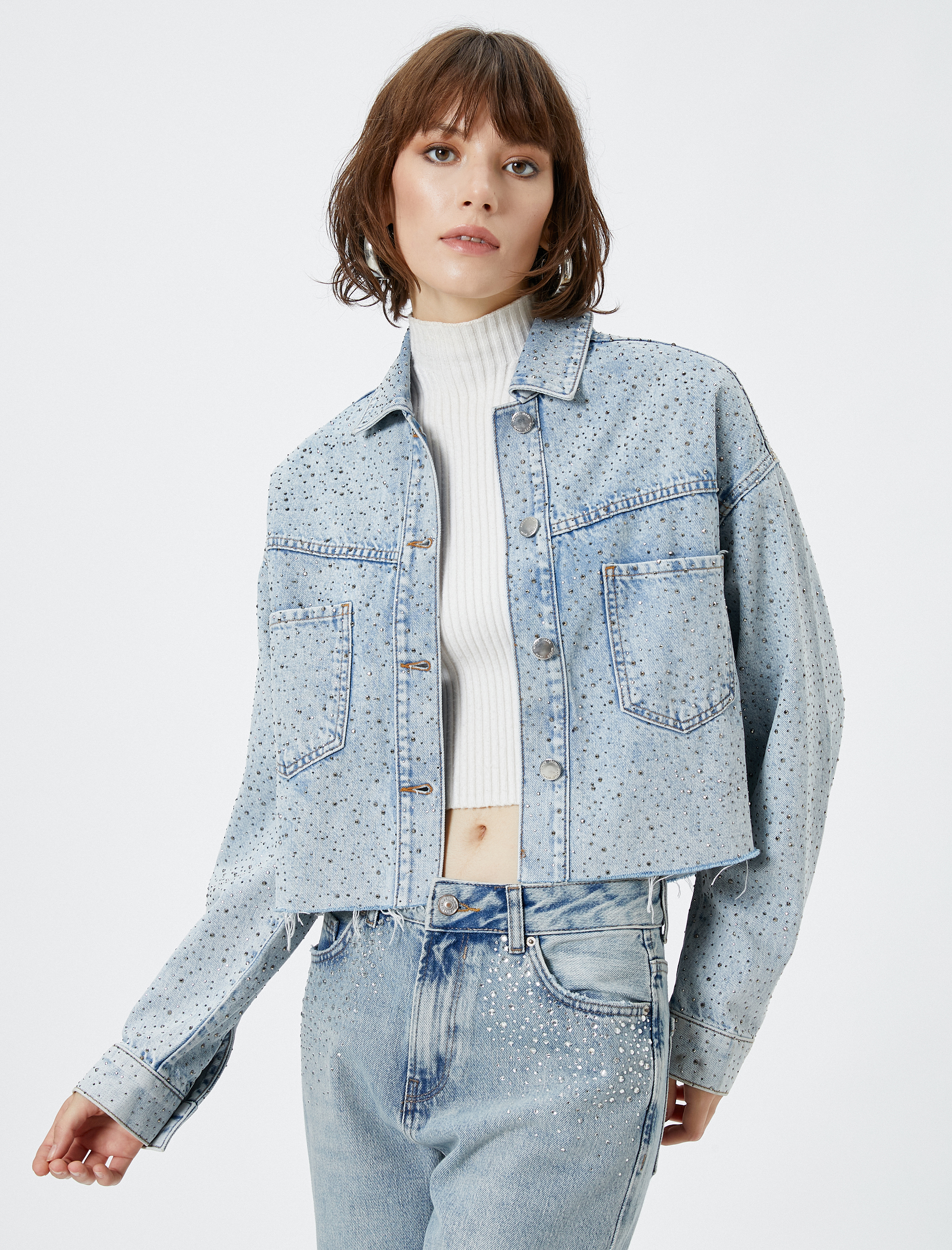   Crop Taşlı Kot Ceket Klasik Gömlek Yaka Cepli Pamuklu