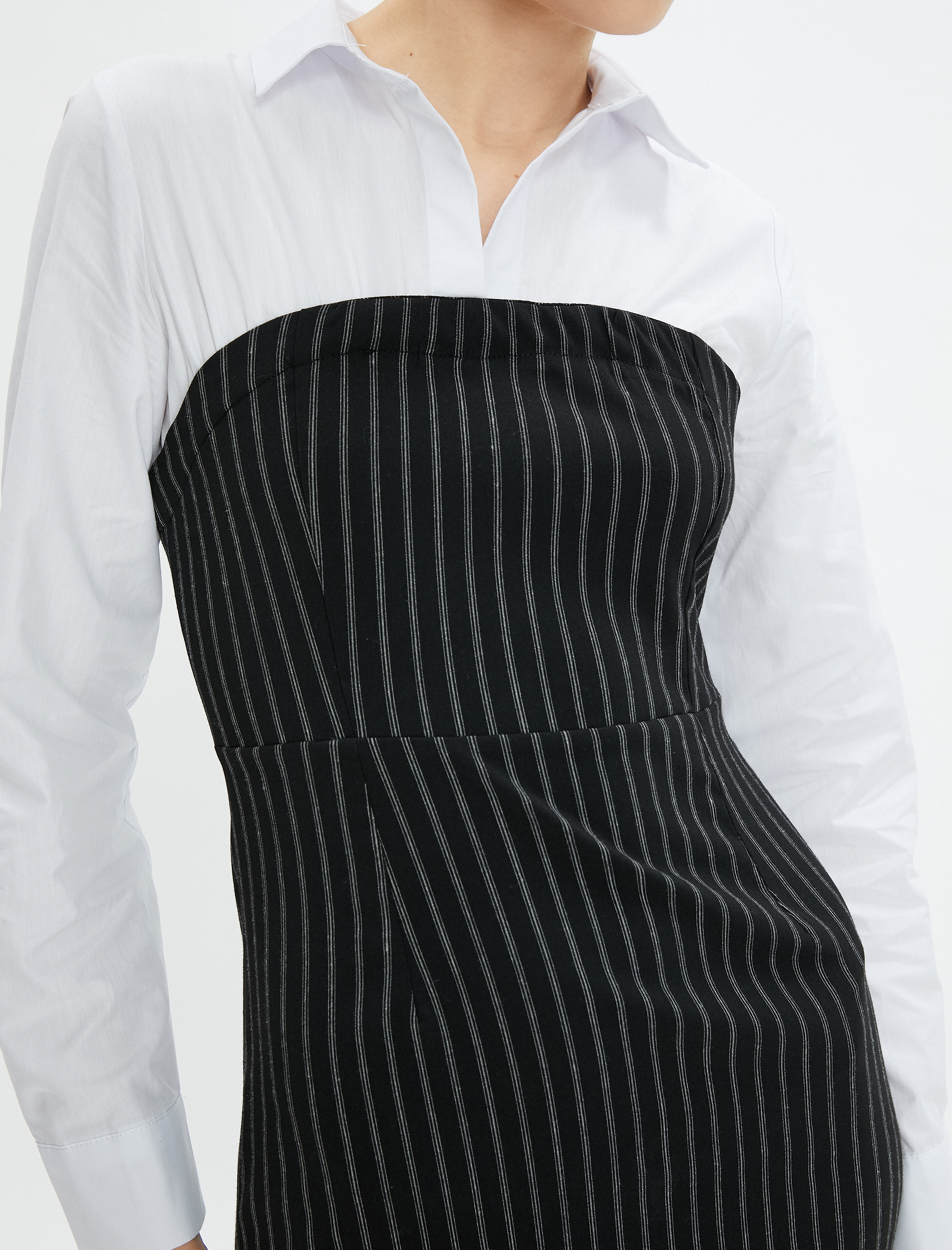   Mini Elbise Straplez Görünümlü Gömlek Üst Detaylı Slim Fit