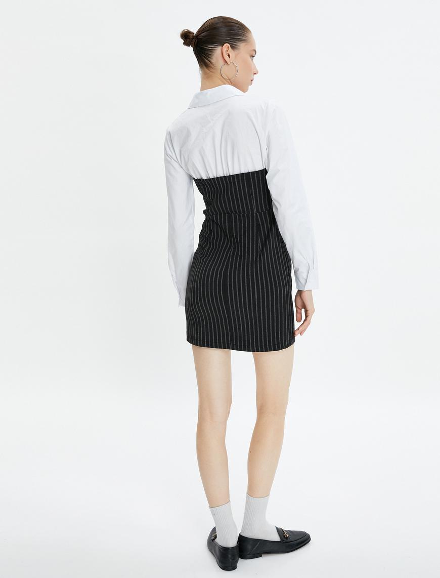   Mini Elbise Straplez Görünümlü Gömlek Üst Detaylı Slim Fit