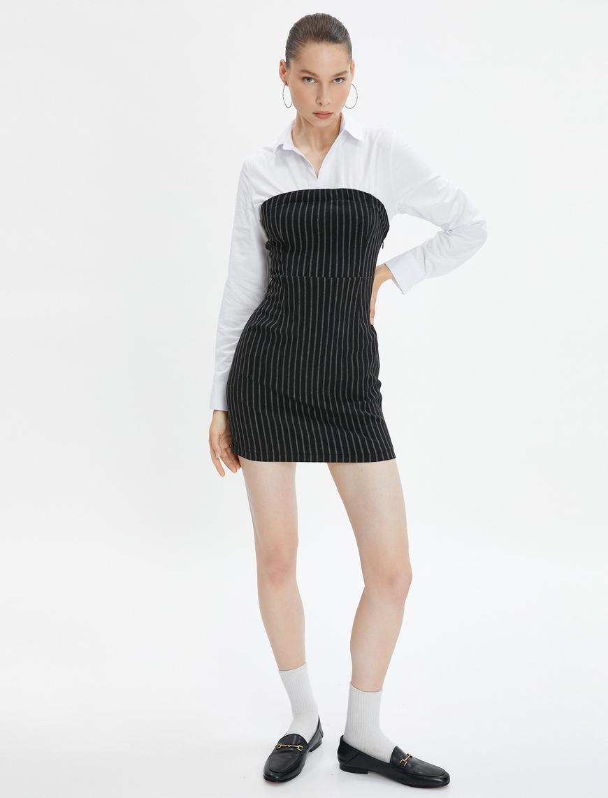   Mini Elbise Straplez Görünümlü Gömlek Üst Detaylı Slim Fit