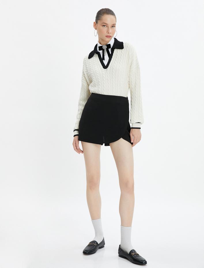  Polo Yaka Saç Örgü Triko Kazak Renk Kontrast Detaylı