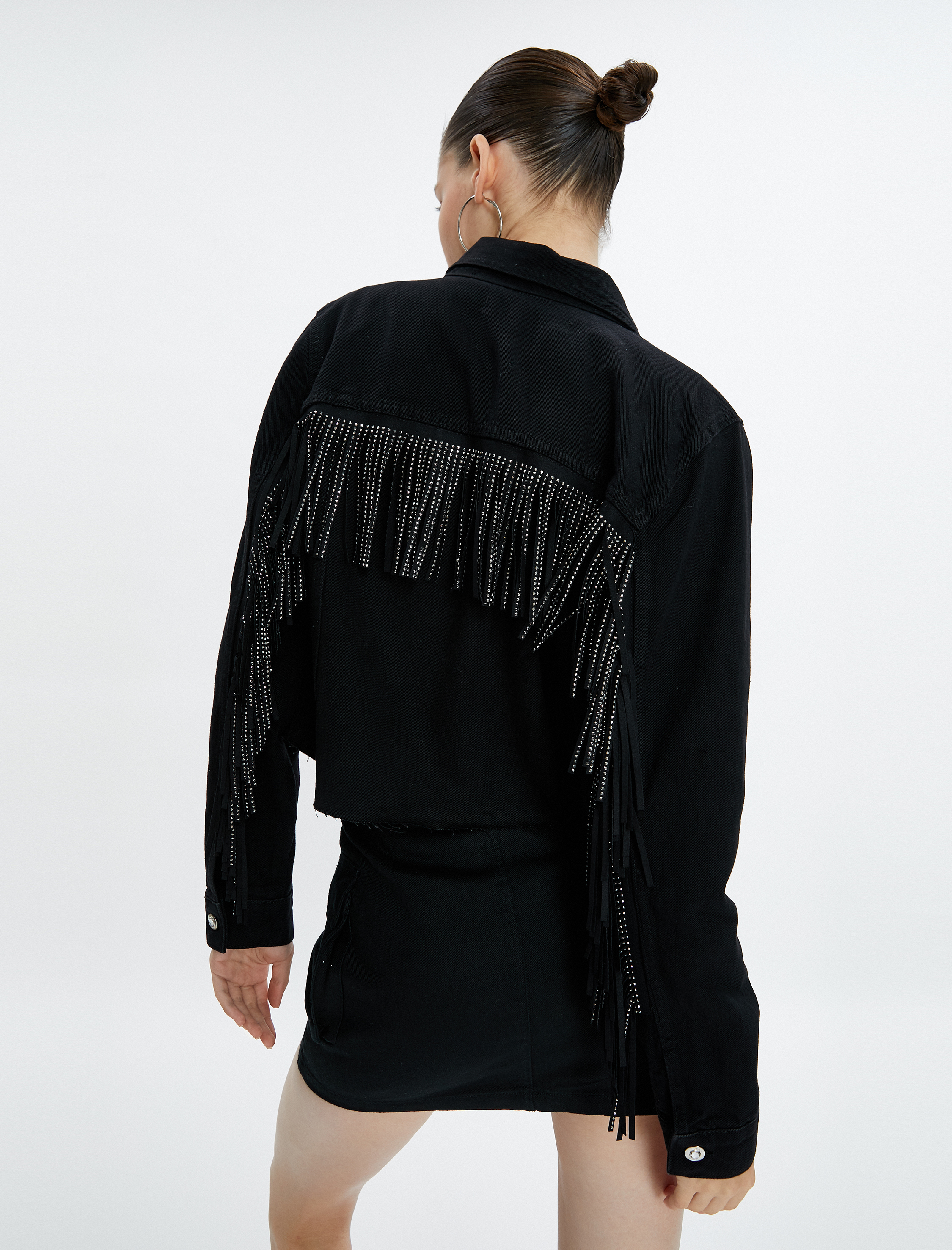 Püsküllü Crop Kot Ceket Klasik Gömlek Yaka Kapaklı Cepli Pamuklu