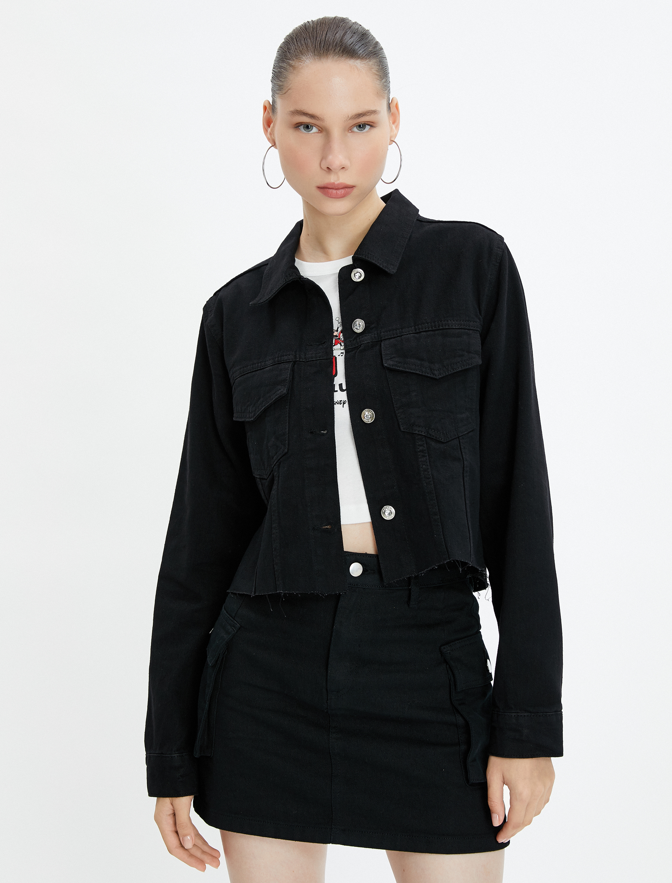 Püsküllü Crop Kot Ceket Klasik Gömlek Yaka Kapaklı Cepli Pamuklu