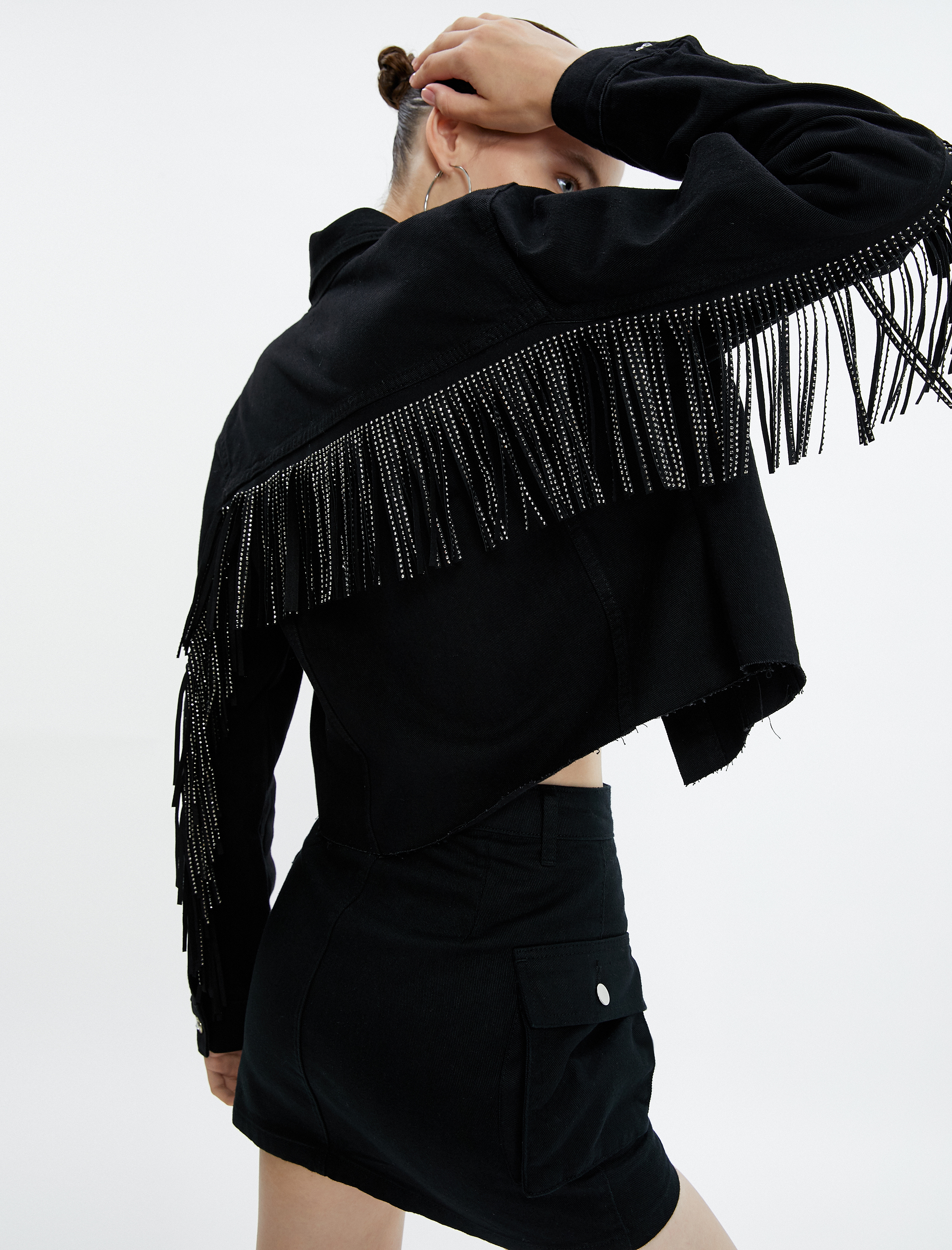 Püsküllü Crop Kot Ceket Klasik Gömlek Yaka Kapaklı Cepli Pamuklu