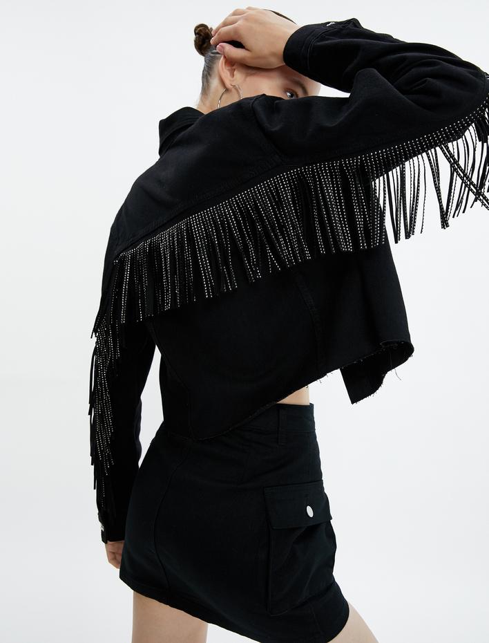  Püsküllü Crop Kot Ceket Klasik Gömlek Yaka Kapaklı Cepli Pamuklu