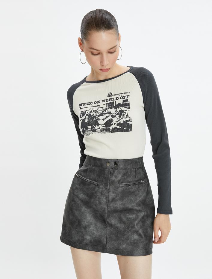  Uzun Reglan Kollu Tişört Renk Kontrastlı Fotoğraf Baskılı Bisiklet Yaka Pamuklu